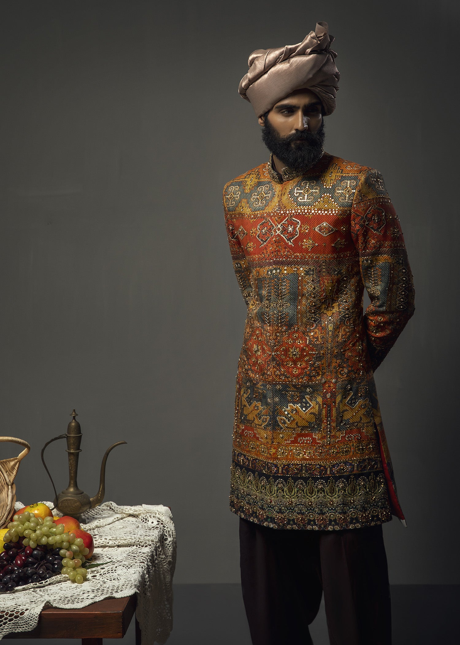 Tangerine Zardozi Cotton Achkan Sherwani (3-Piece) - Image 8