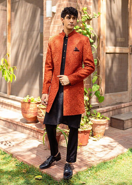 Orange Embroidered Karandi Sherwani (2-Piece) - Image 1