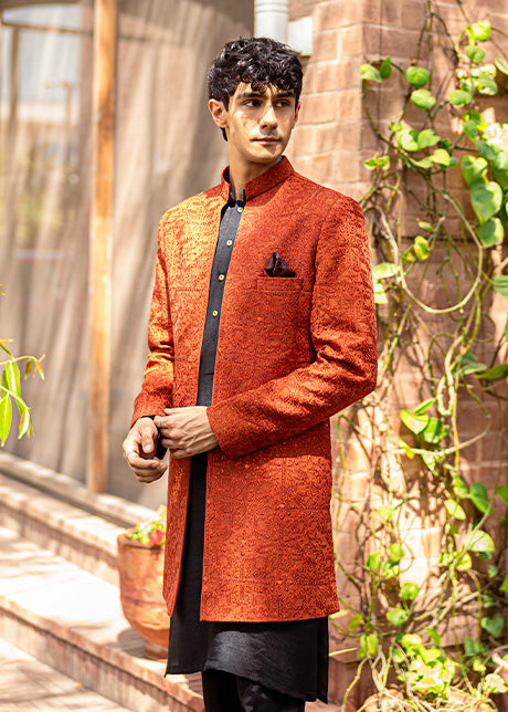 Orange Embroidered Karandi Sherwani (2-Piece) - Image 2