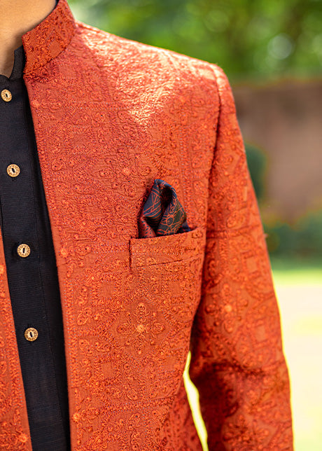 Orange Embroidered Karandi Sherwani (2-Piece) - Image 3