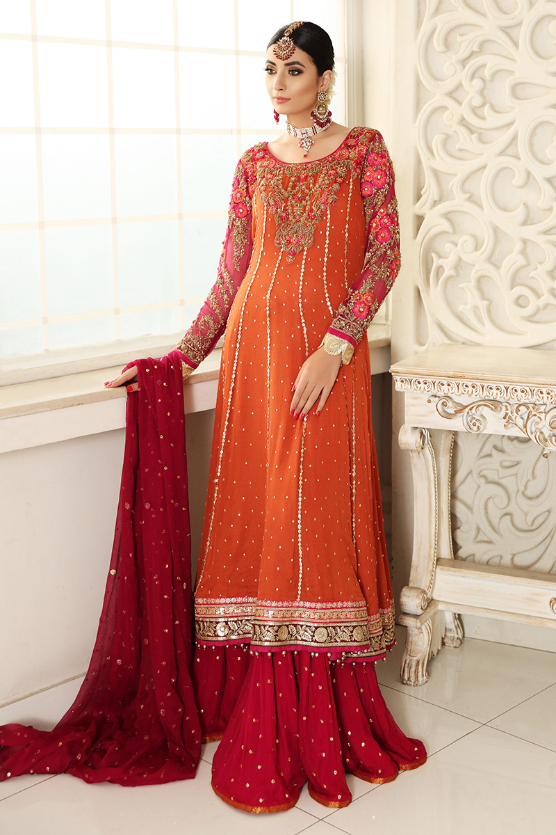 Pakistani Orange Resham & Dapka Embroidered Chiffon Anarkali (3-Piece) - Image 1
