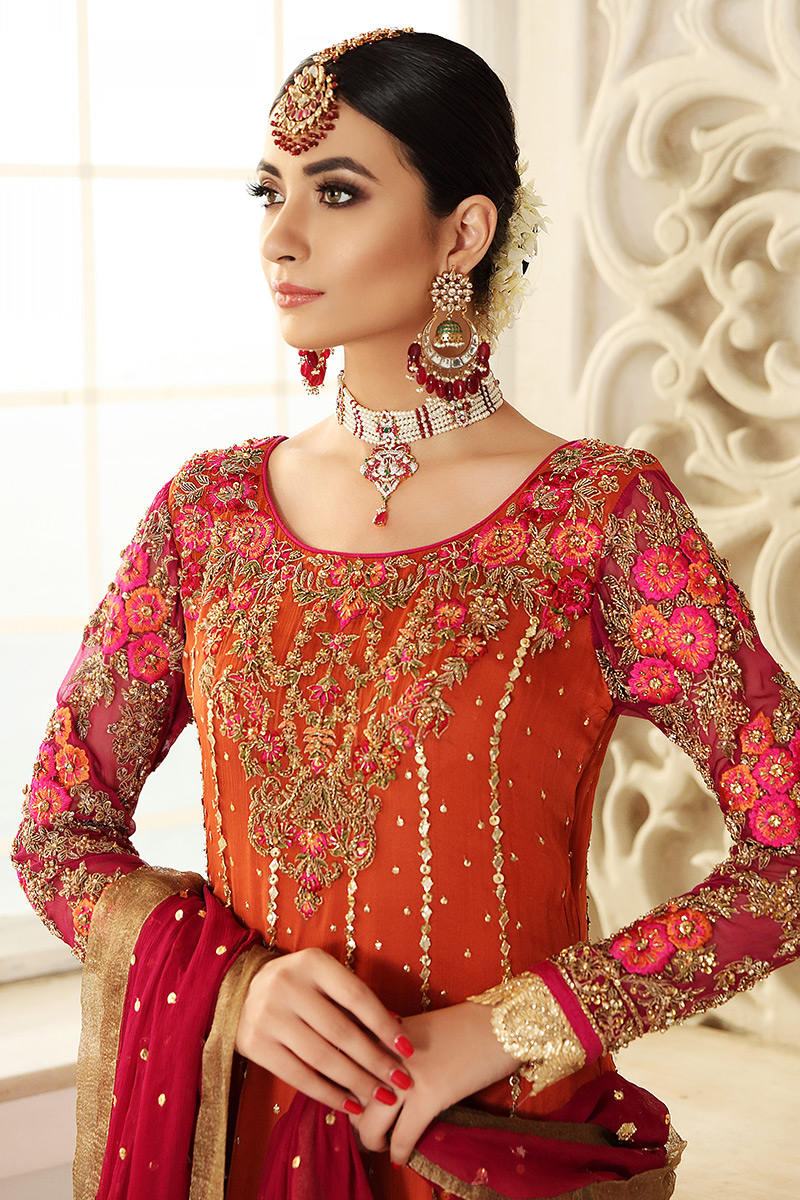 Pakistani Orange Resham & Dapka Embroidered Chiffon Anarkali (3-Piece) - Image 2