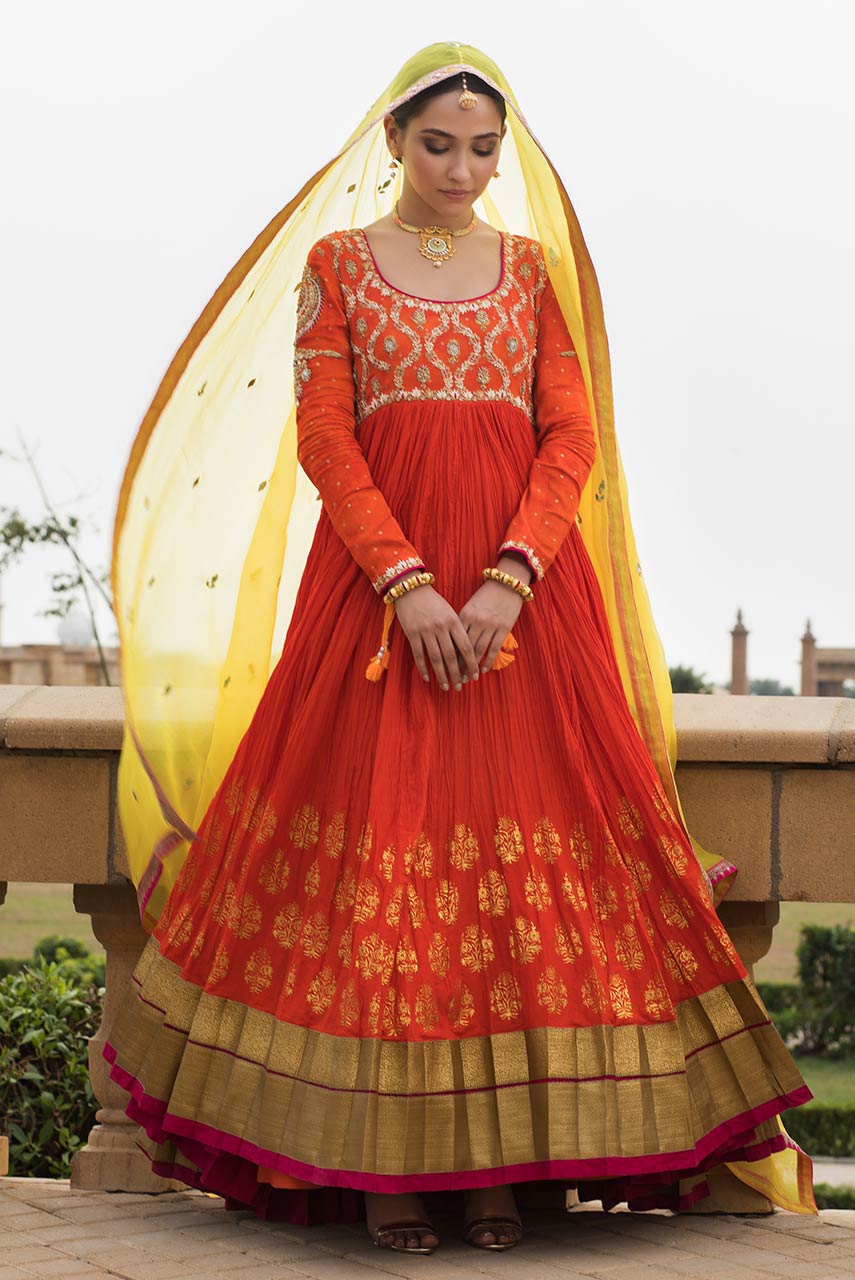 Orange Zardozi & Resham Crushed Anarkali (3-Piece) - Image 1