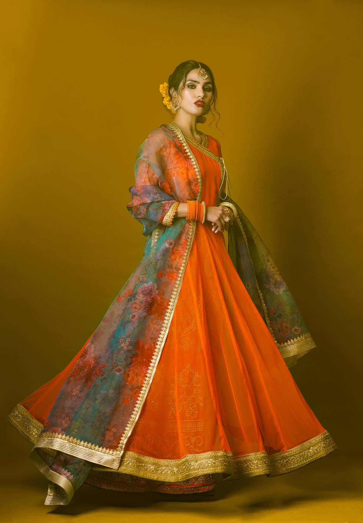 Orange Zari Silk-Blend Anarkali Dress (2-Piece) - Image 1