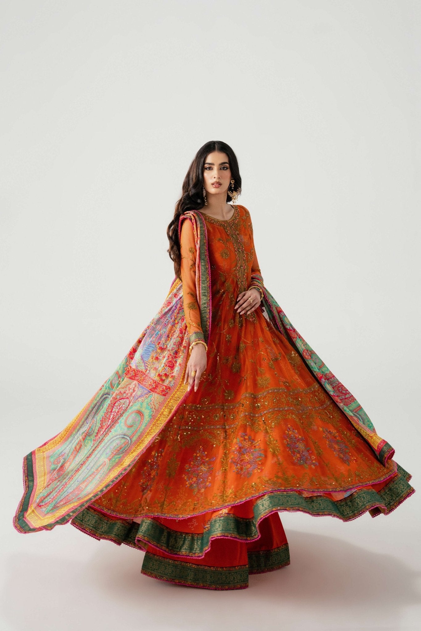 Orange Embroidered Net Anarkali Dress (3-Piece) - Image 2