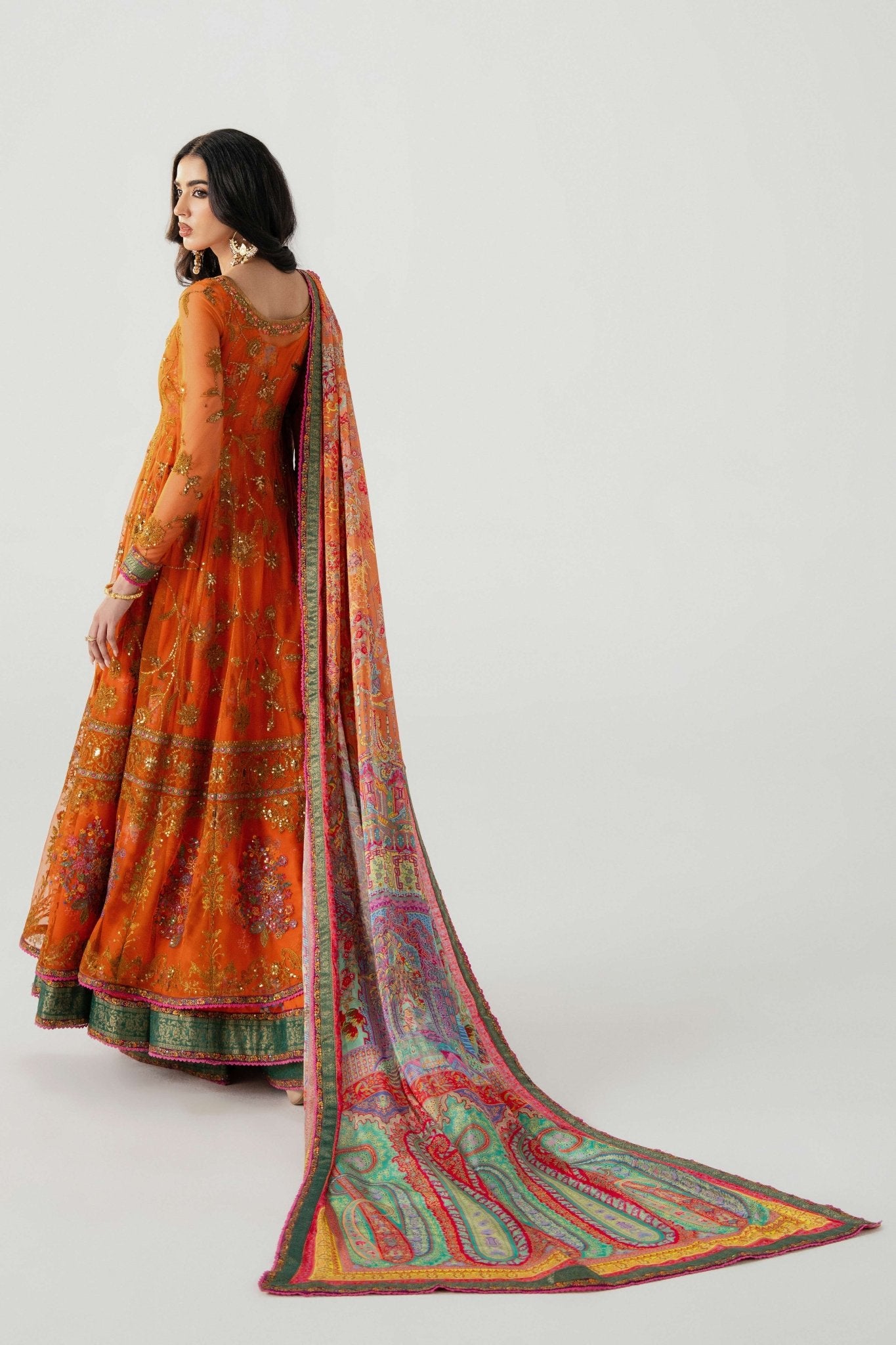 Orange Embroidered Net Anarkali Dress (3-Piece) - Image 3
