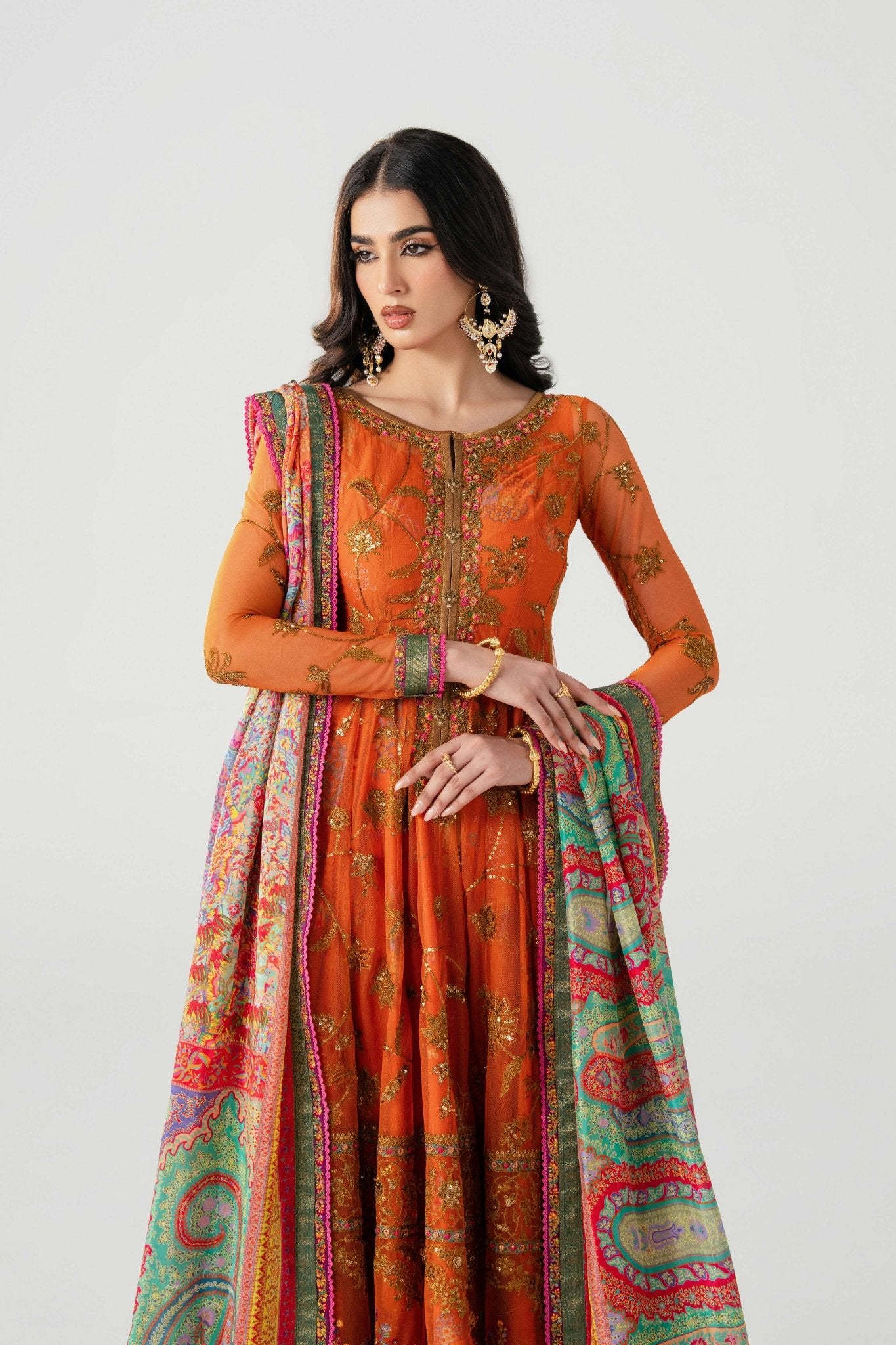 Orange Embroidered Net Anarkali Dress (3-Piece) - Image 4