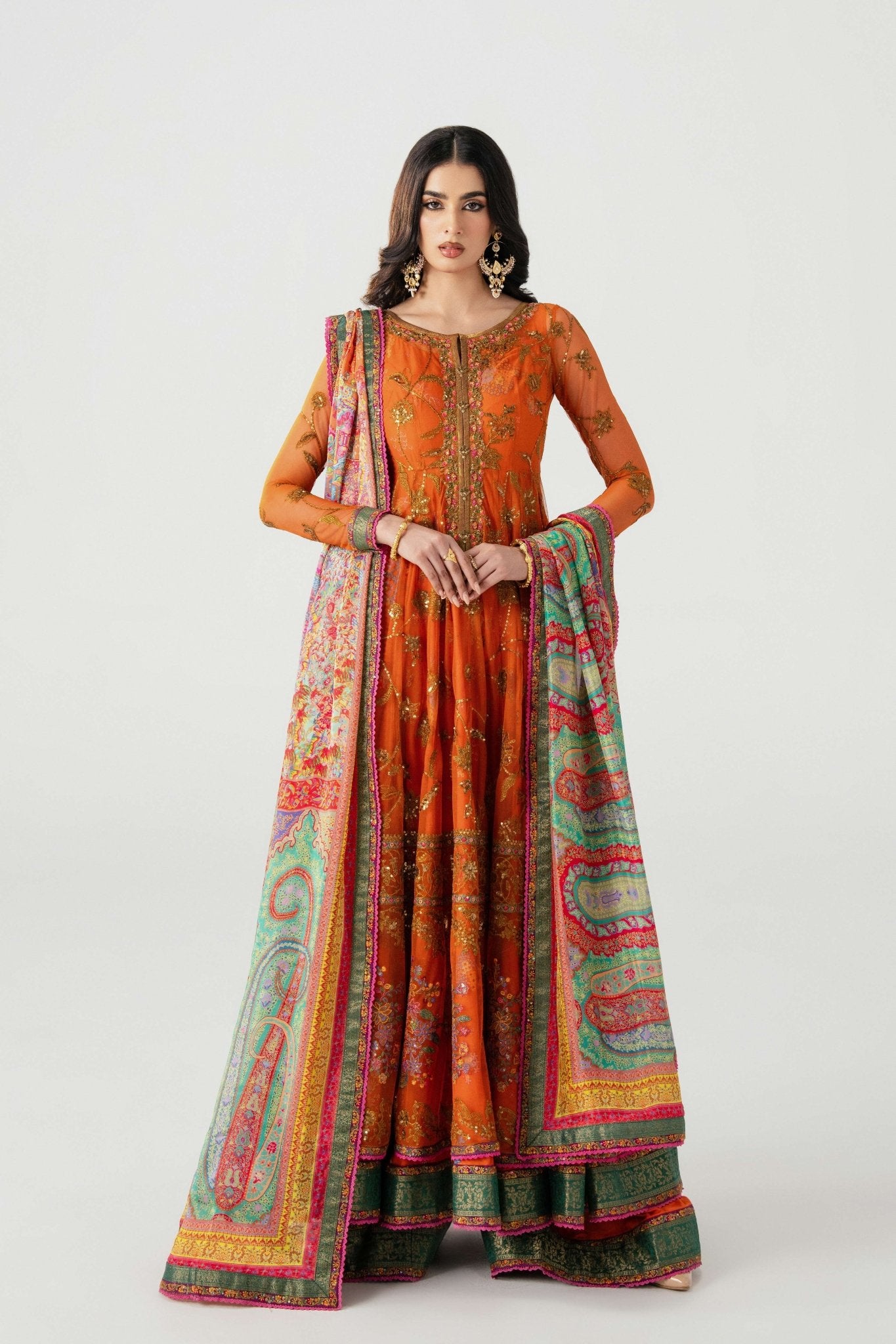 Orange Embroidered Net Anarkali Dress (3-Piece) - Image 5