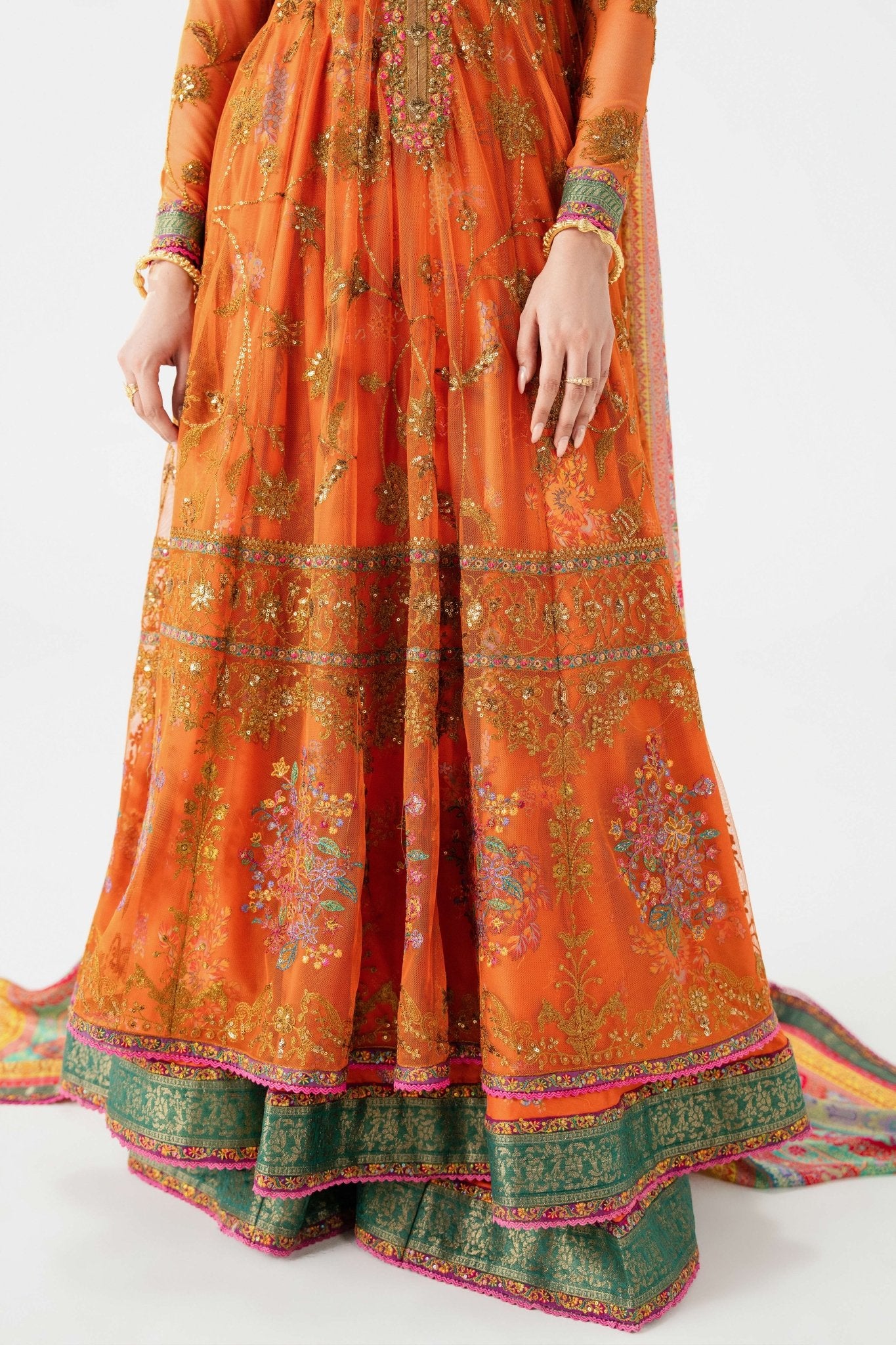 Orange Embroidered Net Anarkali Dress (3-Piece) - Image 6