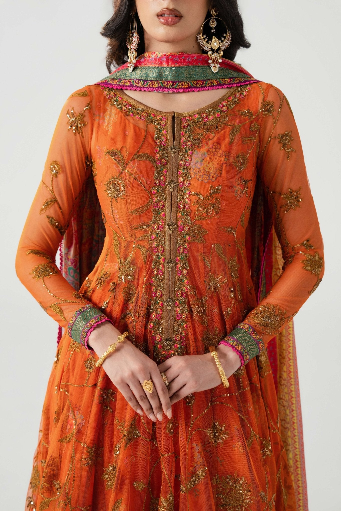 Orange Embroidered Net Anarkali Dress (3-Piece) - Image 7