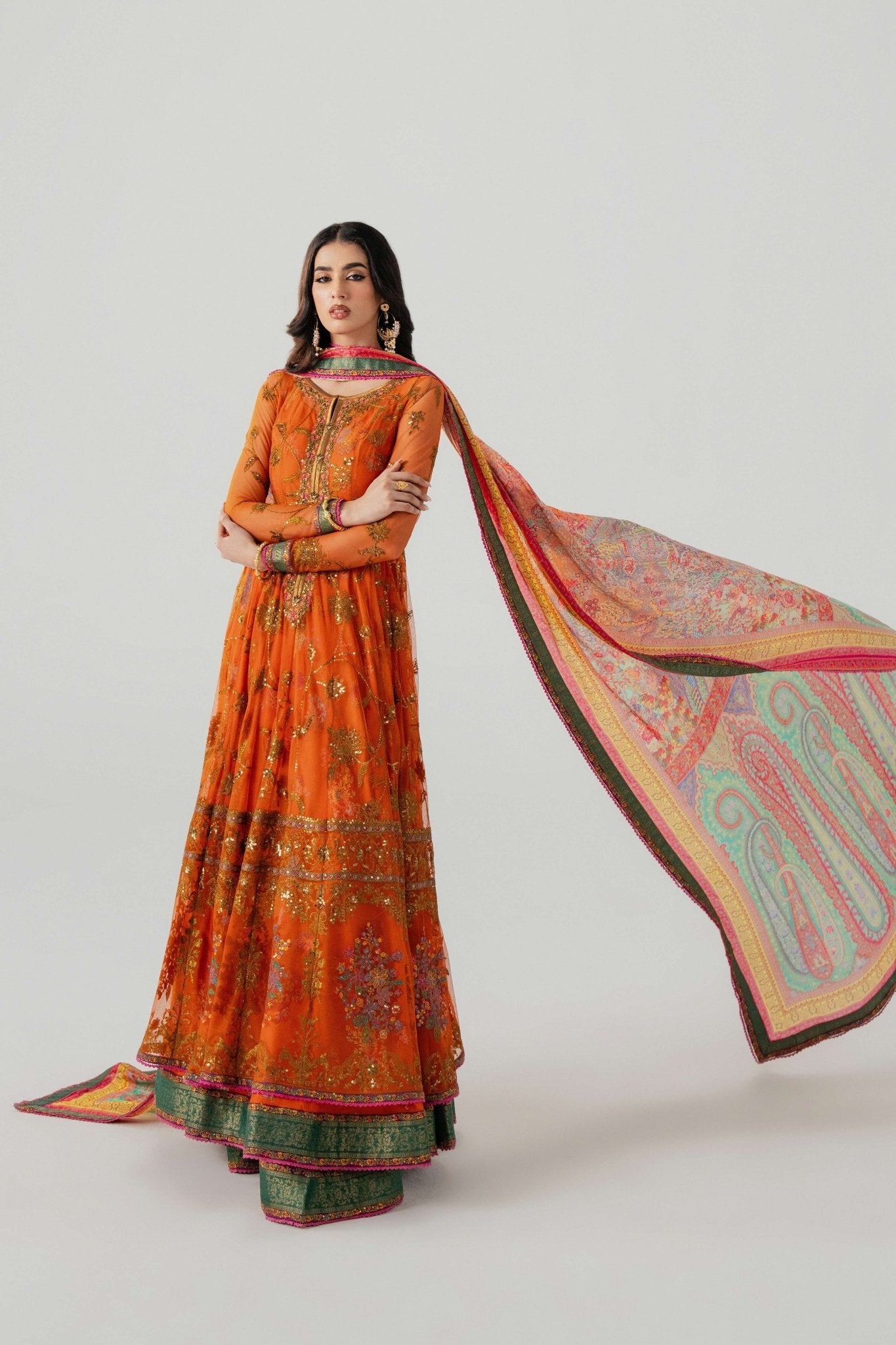 Orange Embroidered Net Anarkali Dress (3-Piece) - Image 8