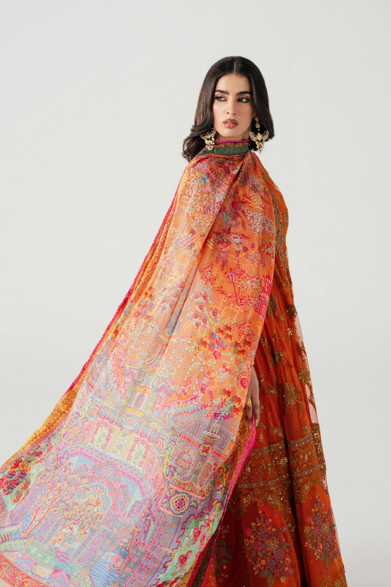 Orange Embroidered Net Anarkali Dress (3-Piece) - Image 9