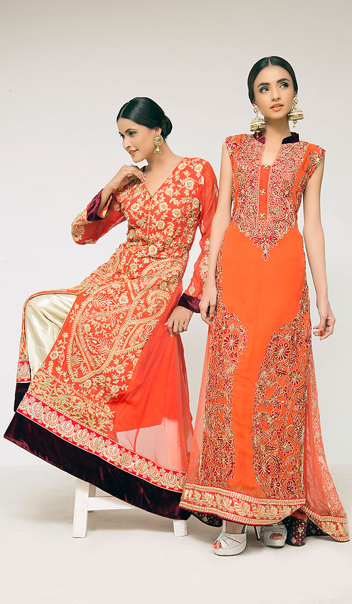 Fiery Orange Embroidered Net Velvet Anarkali Dress (1-Pc) - Image 1