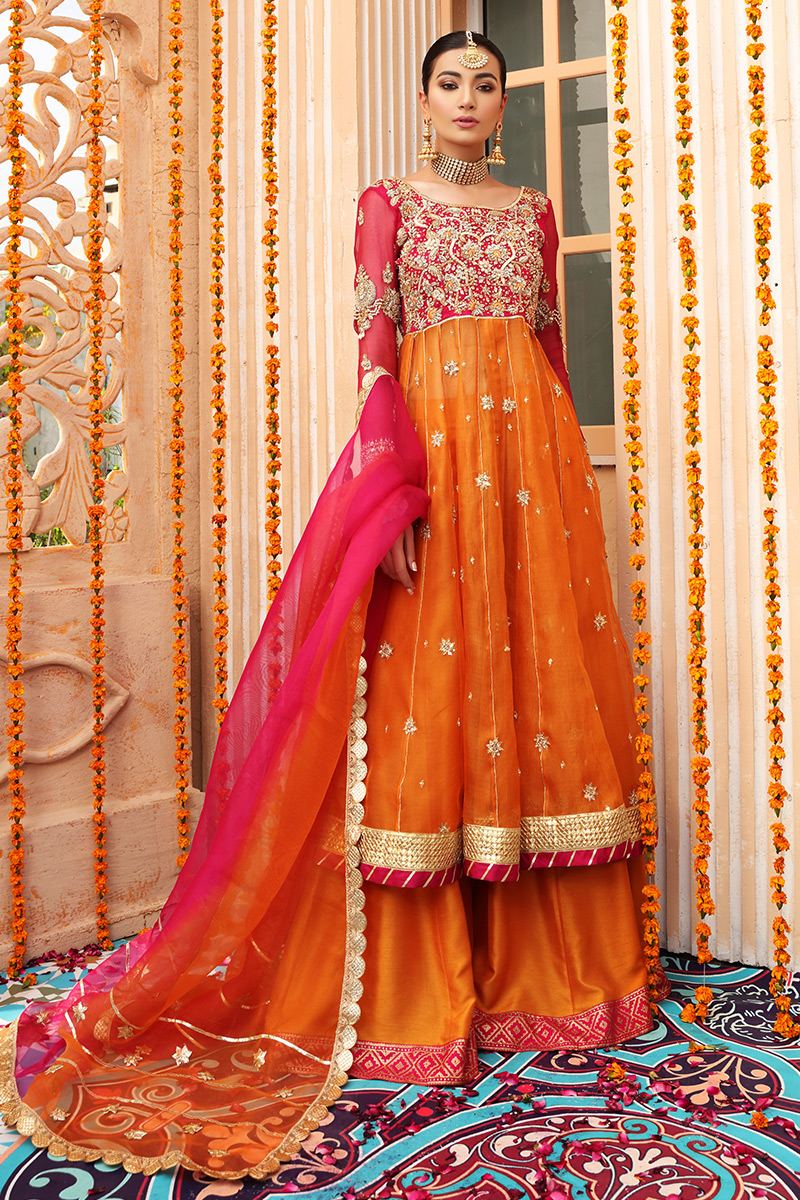 Pakistani Orange & Pink Embroidered Organza Net Anarkali (3-Piece) - Image 1