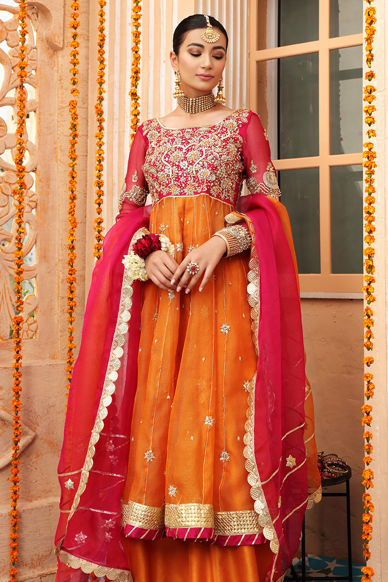 Pakistani Orange & Pink Embroidered Organza Net Anarkali (3-Piece) - Image 2
