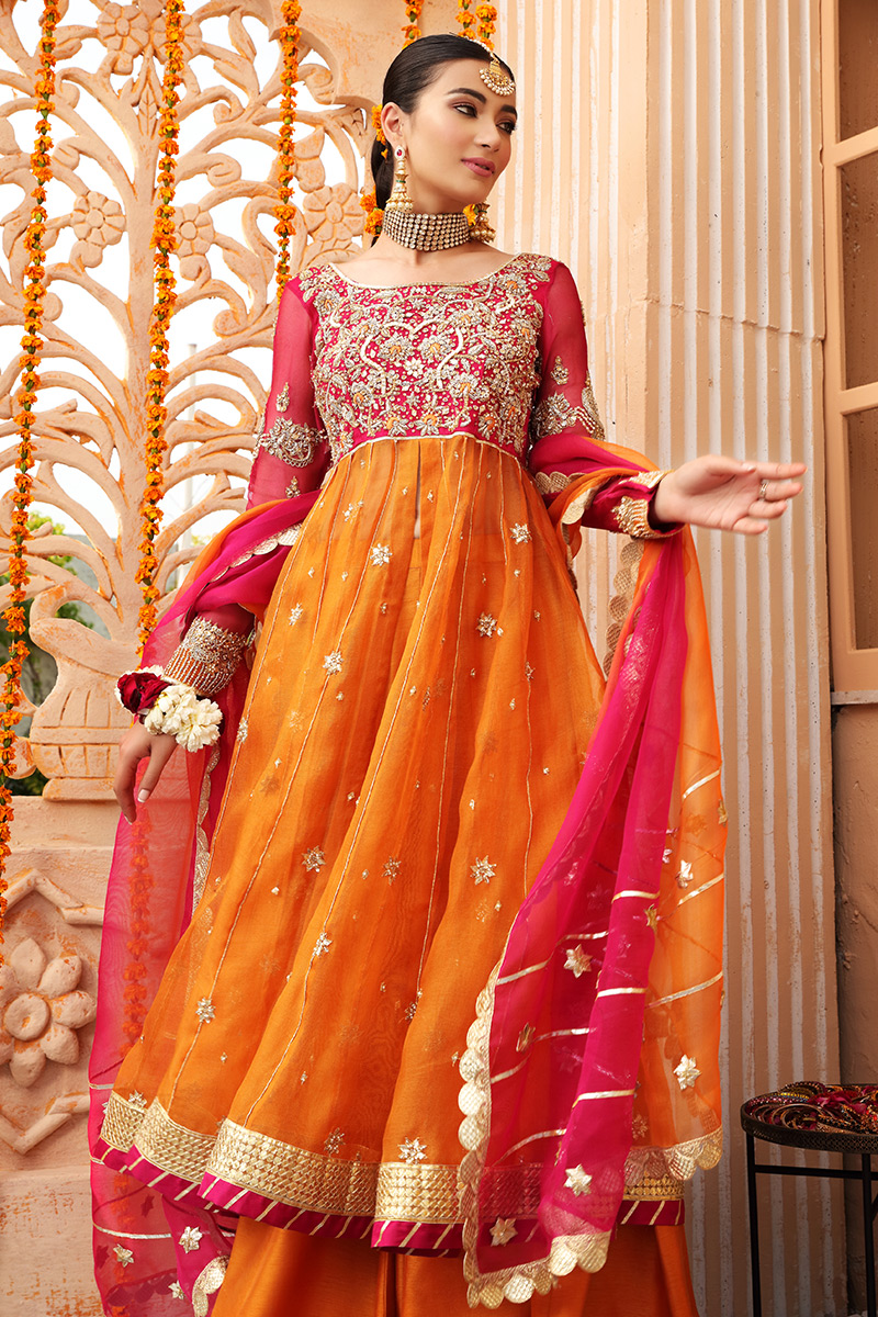 Pakistani Orange & Pink Embroidered Organza Net Anarkali (3-Piece) - Image 3