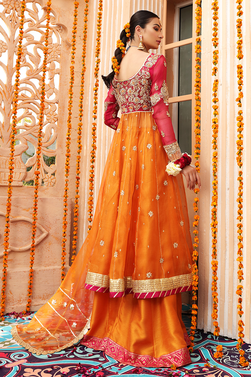 Pakistani Orange & Pink Embroidered Organza Net Anarkali (3-Piece) - Image 4