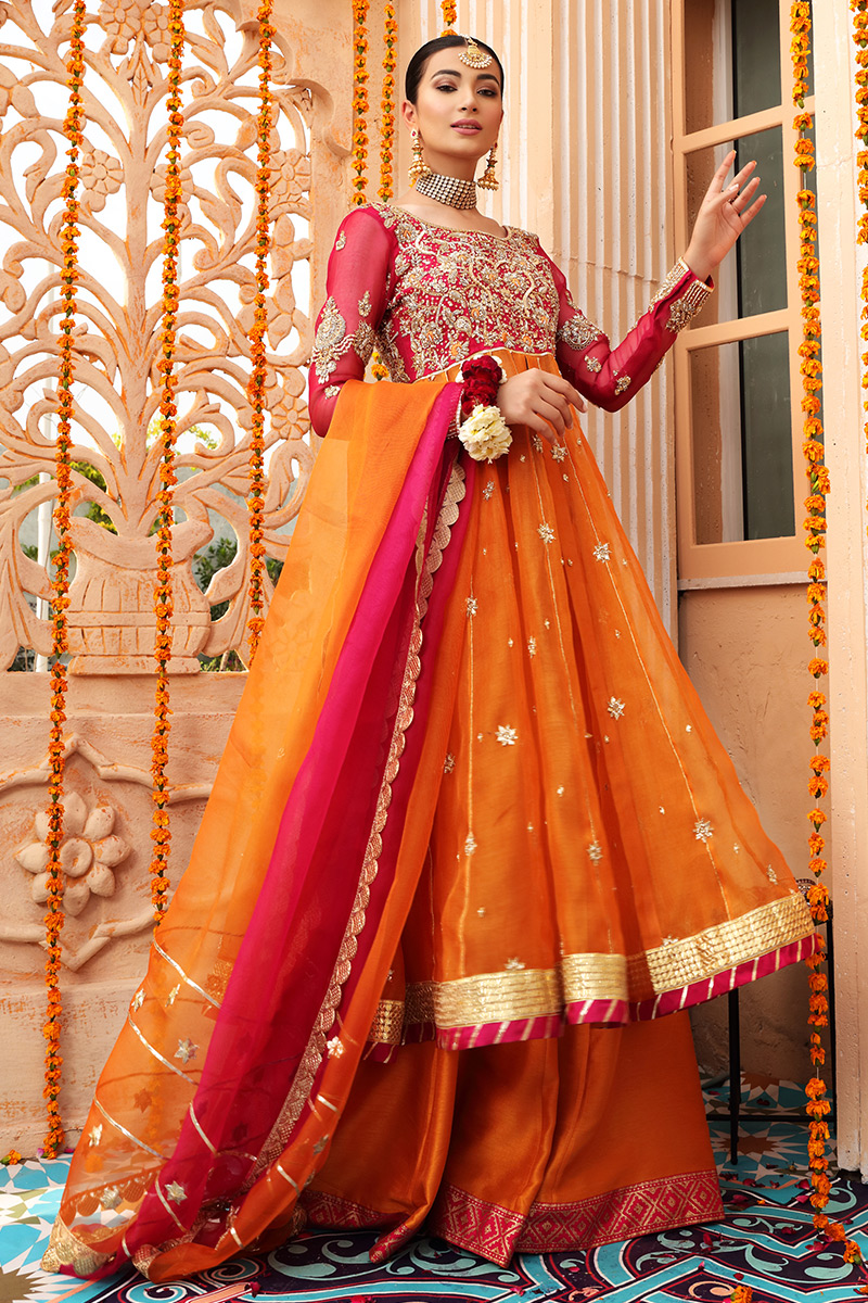 Pakistani Orange & Pink Embroidered Organza Net Anarkali (3-Piece) - Image 5