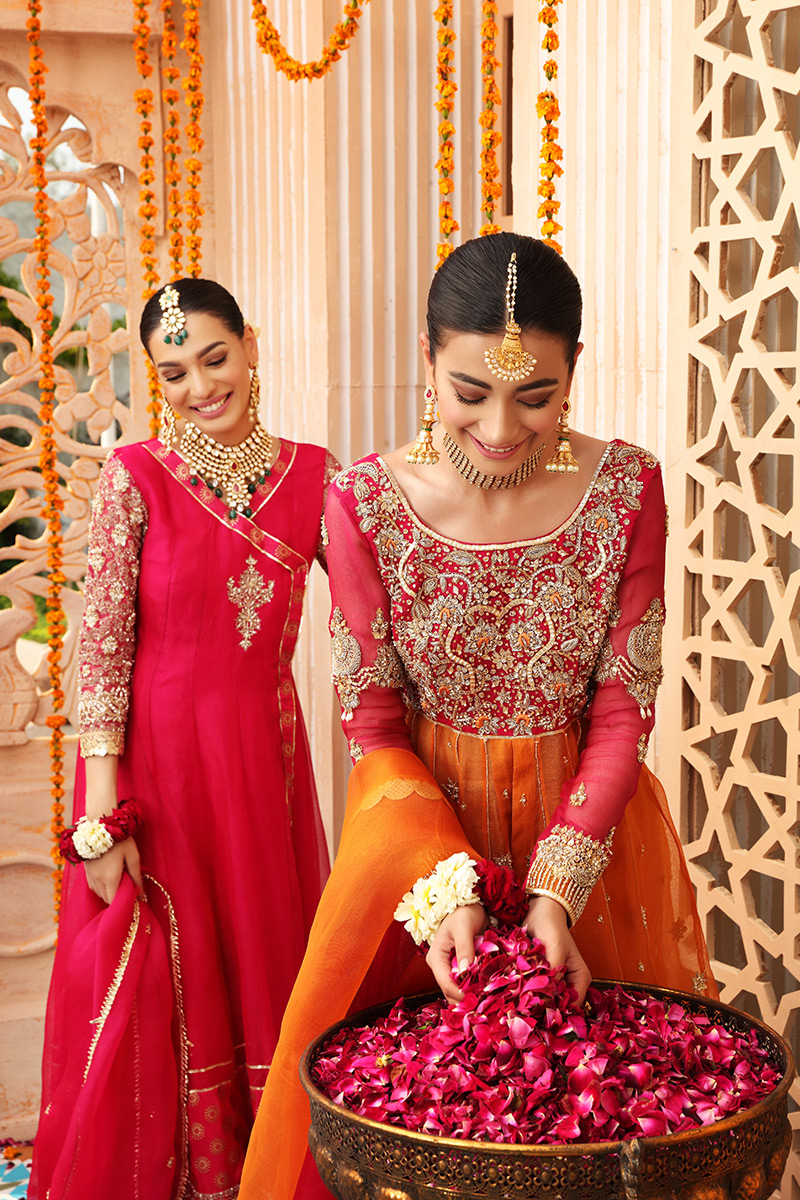 Pakistani Orange & Pink Embroidered Organza Net Anarkali (3-Piece) - Image 6