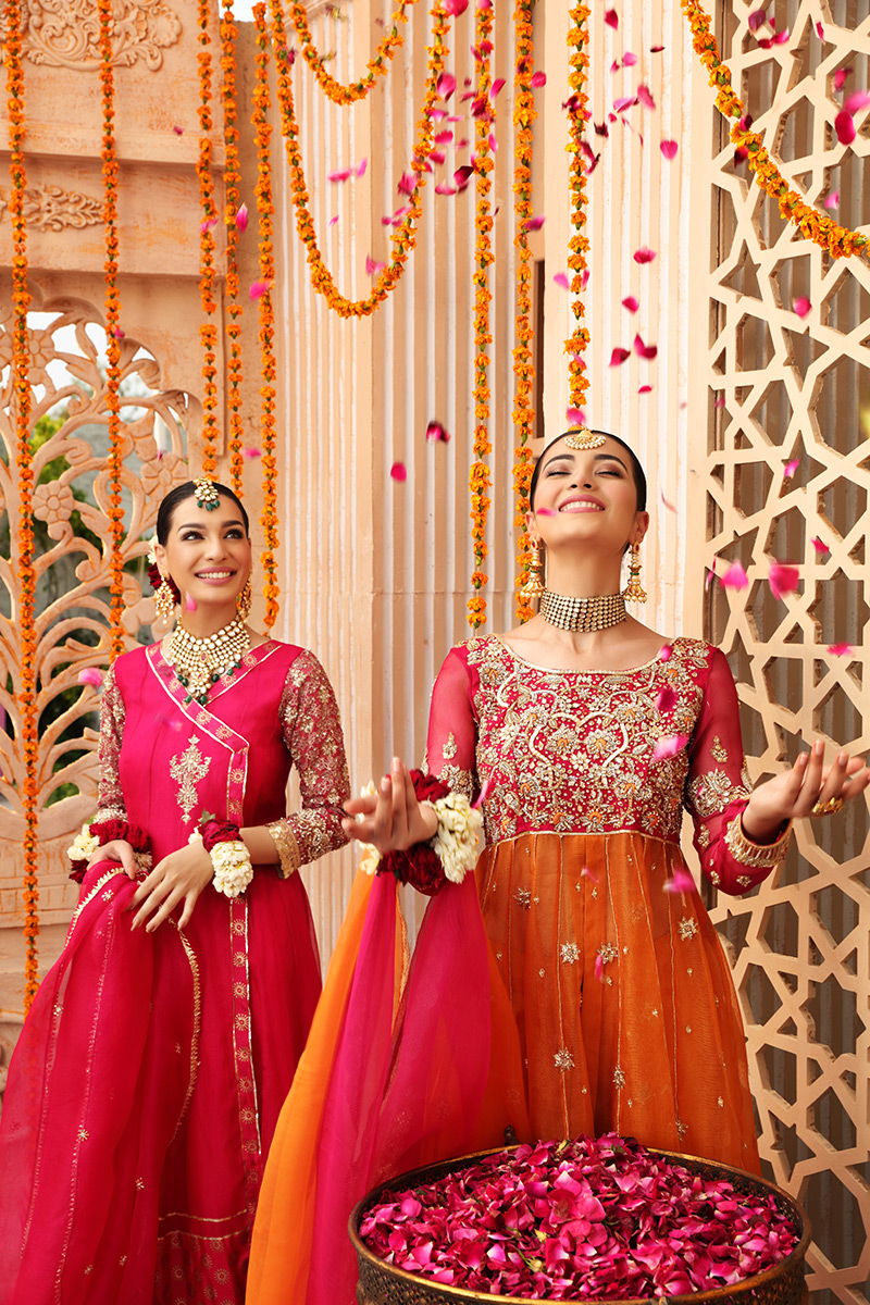 Pakistani Orange & Pink Embroidered Organza Net Anarkali (3-Piece) - Image 7