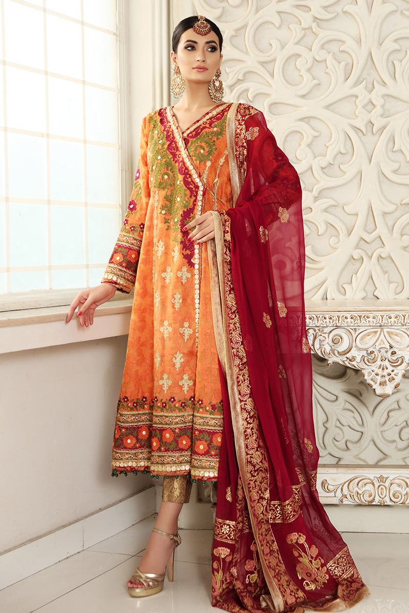 Dusty Orange Embroidered Jamawar Angarkha (3-Piece) - Image 1