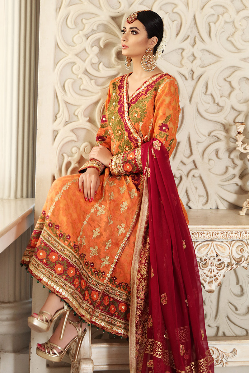 Dusty Orange Embroidered Jamawar Angarkha (3-Piece) - Image 2