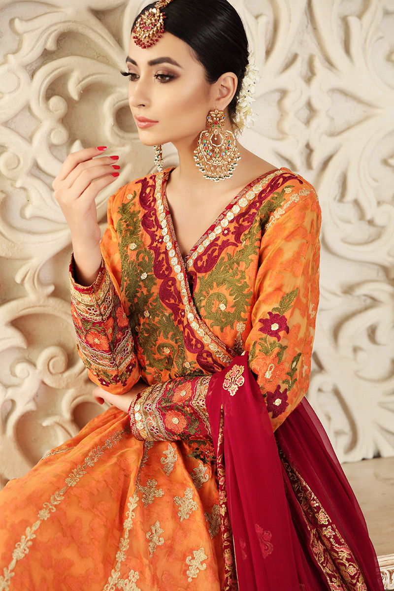 Dusty Orange Embroidered Jamawar Angarkha (3-Piece) - Image 3