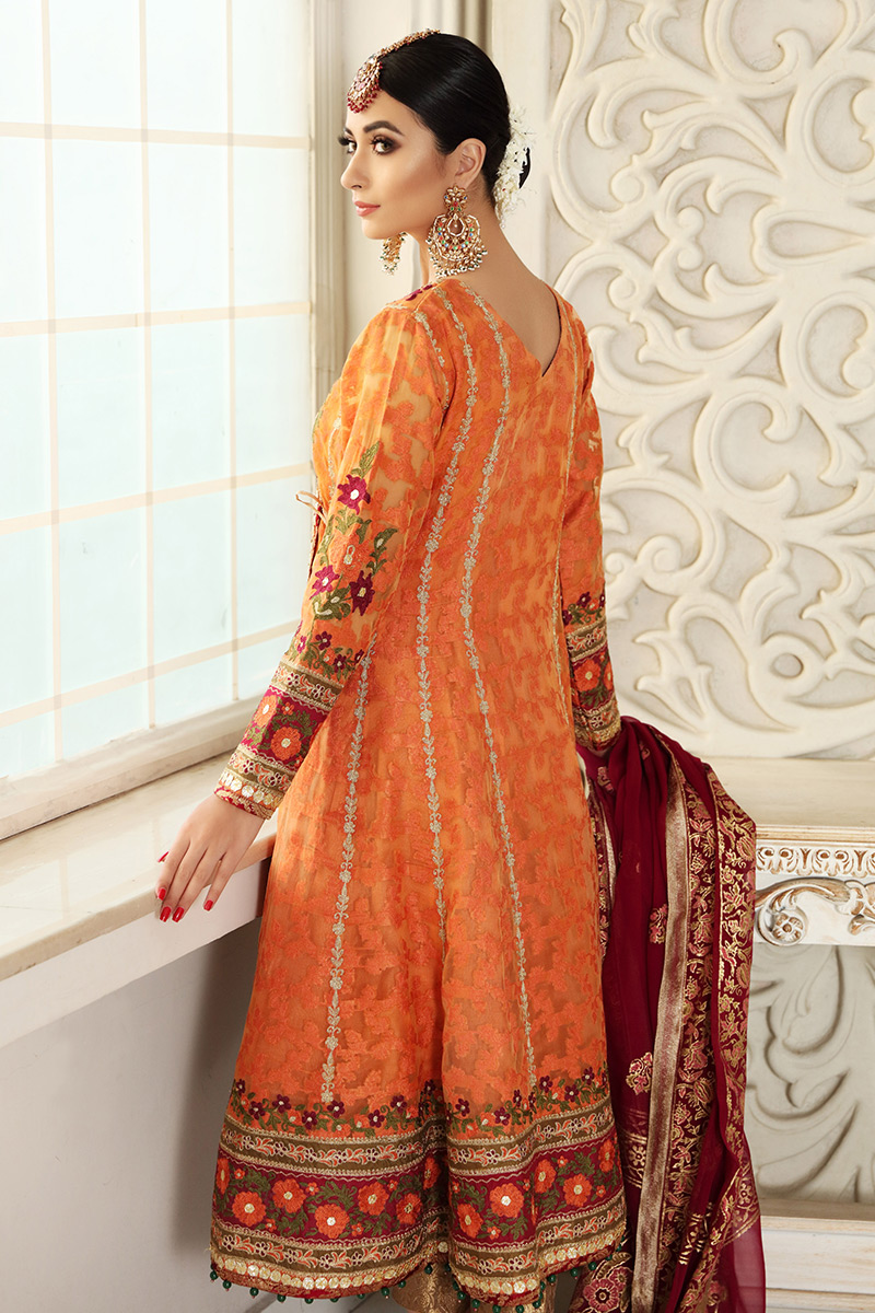 Dusty Orange Embroidered Jamawar Angarkha (3-Piece) - Image 4