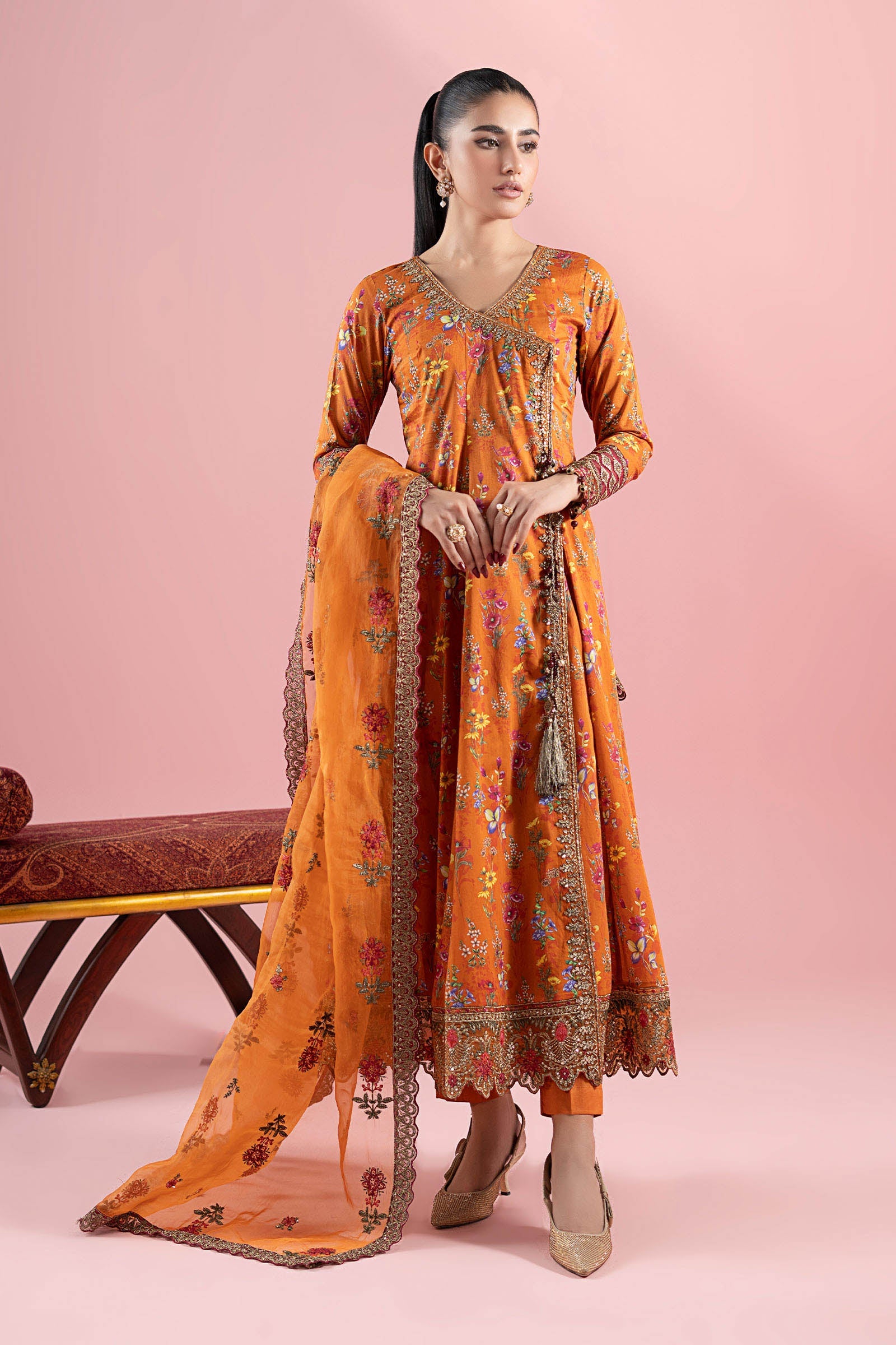 Pakistani Rust Embroidered Lawn Angrakha Dress (3-Piece) - Image 1