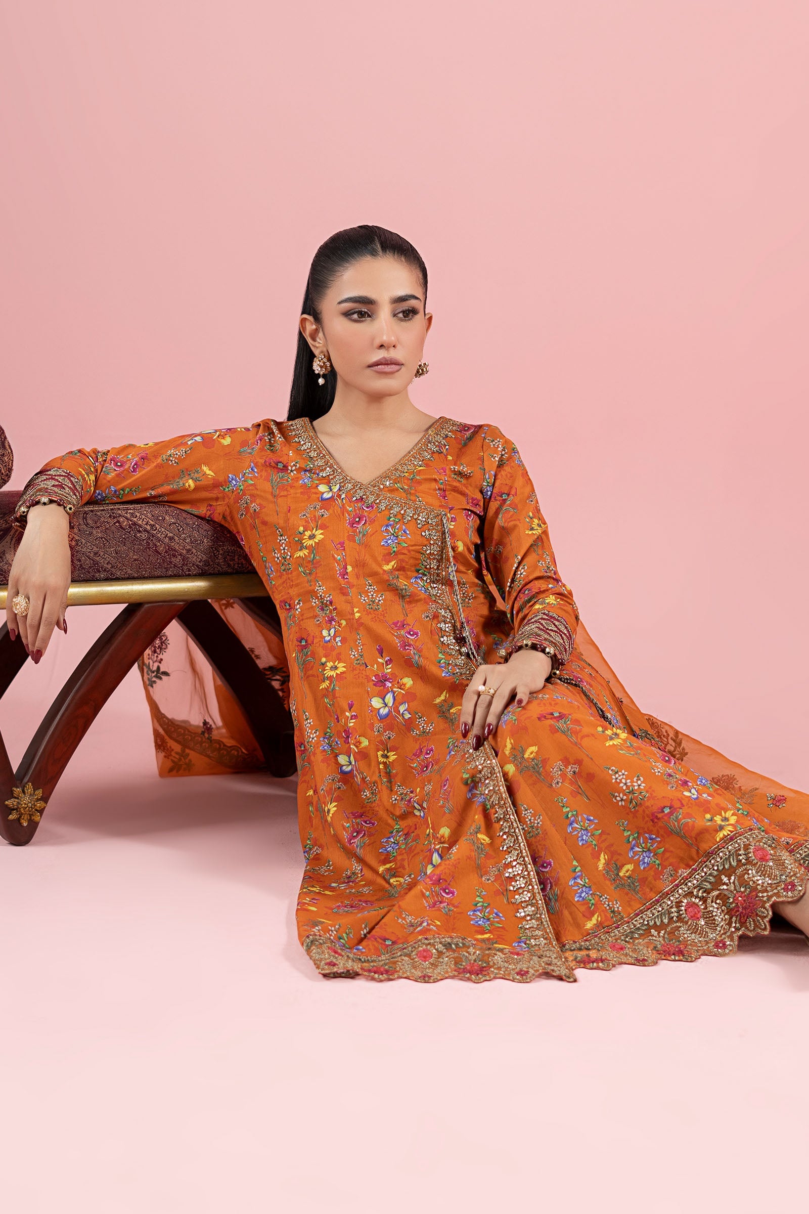 Pakistani Rust Embroidered Lawn Angrakha Dress (3-Piece) - Image 2