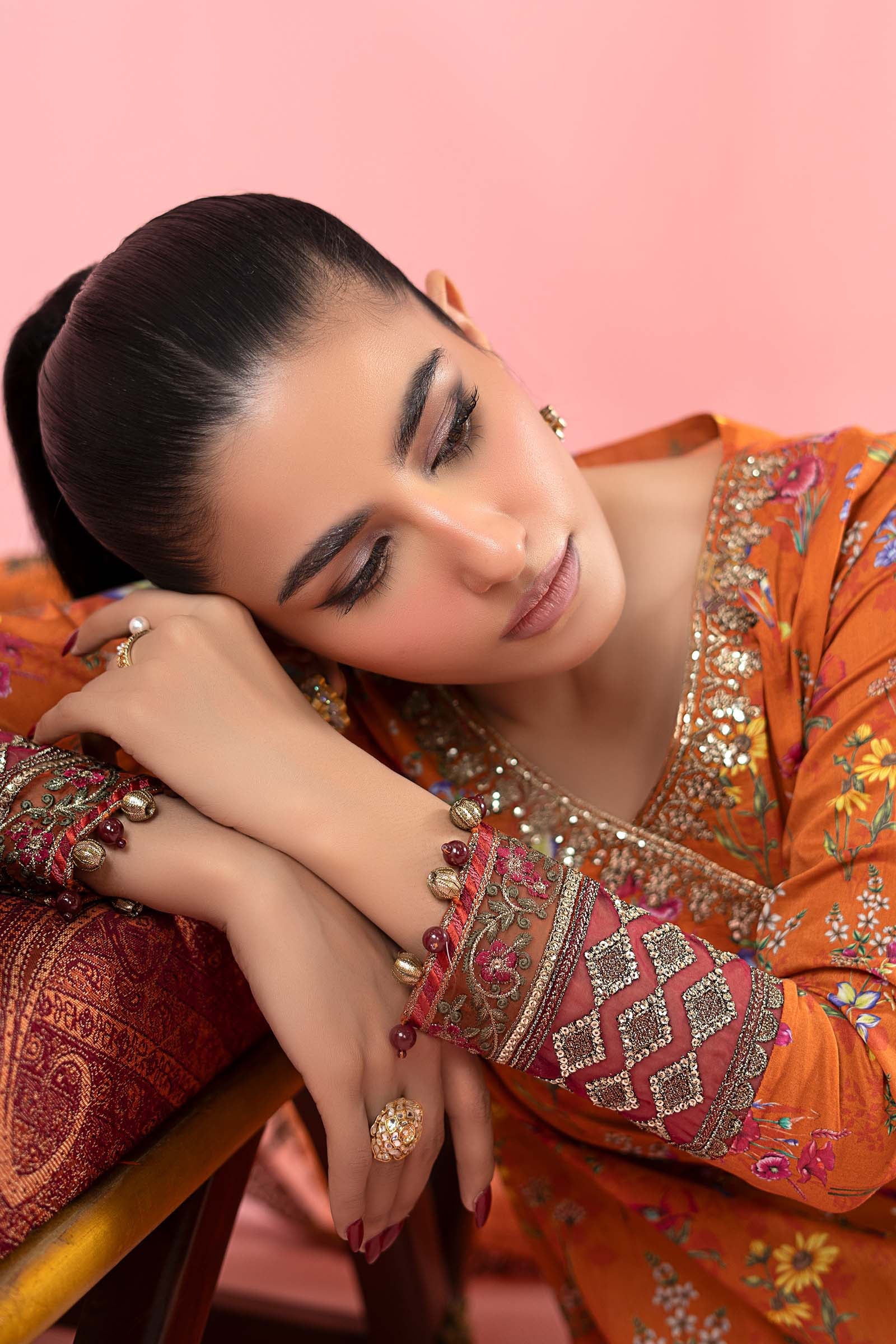 Pakistani Rust Embroidered Lawn Angrakha Dress (3-Piece) - Image 3