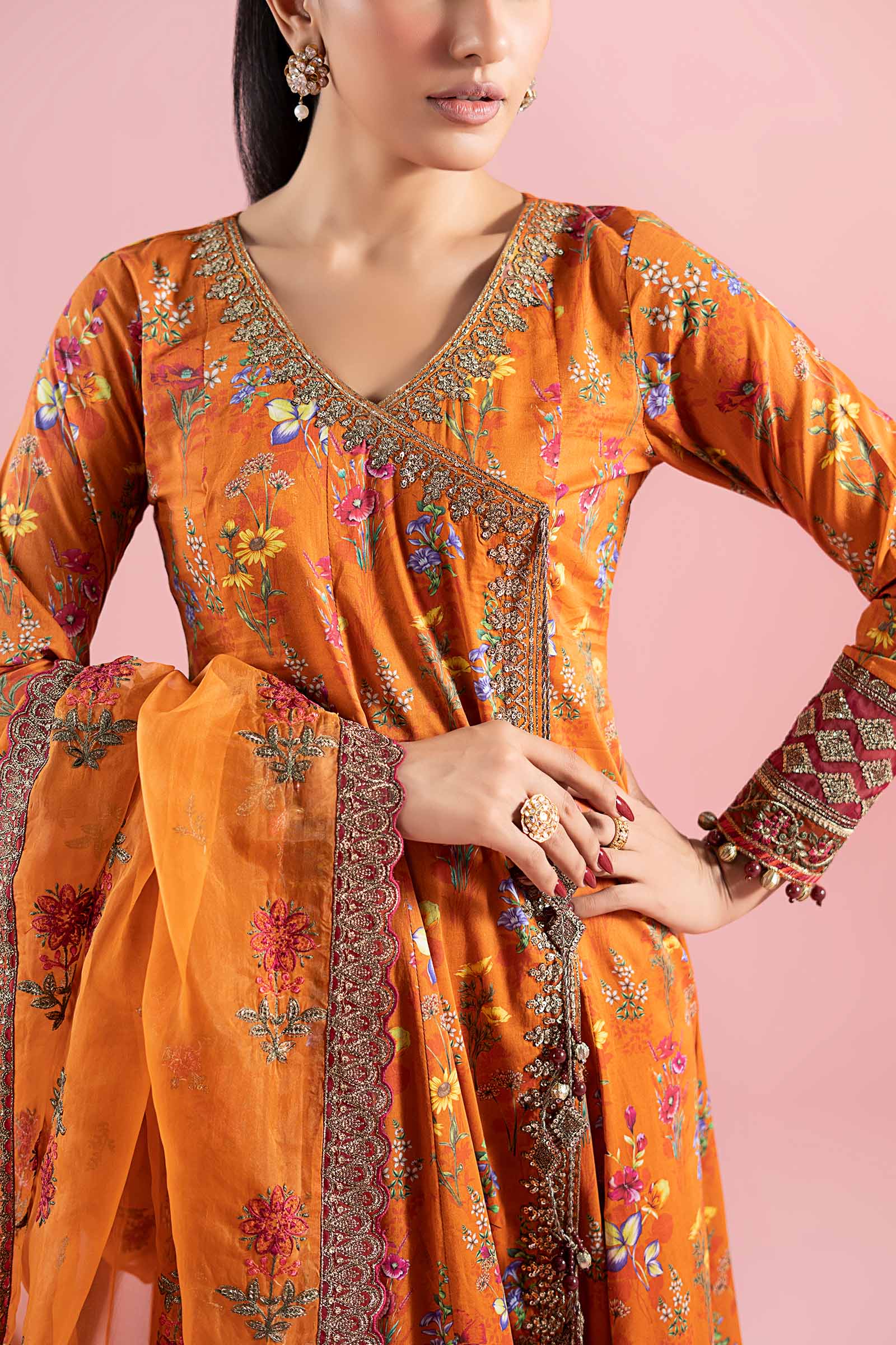 Pakistani Rust Embroidered Lawn Angrakha Dress (3-Piece) - Image 4