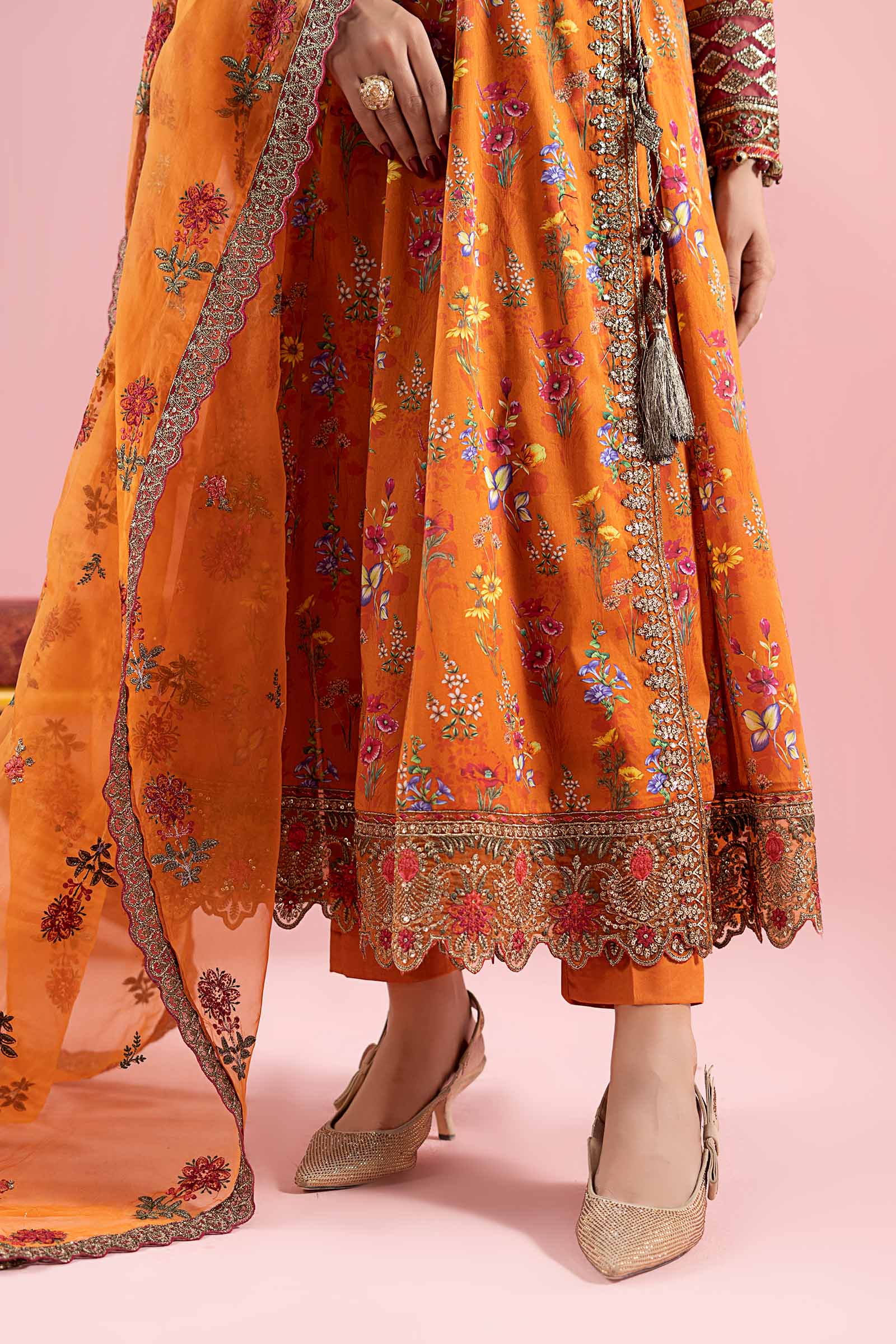 Pakistani Rust Embroidered Lawn Angrakha Dress (3-Piece) - Image 5