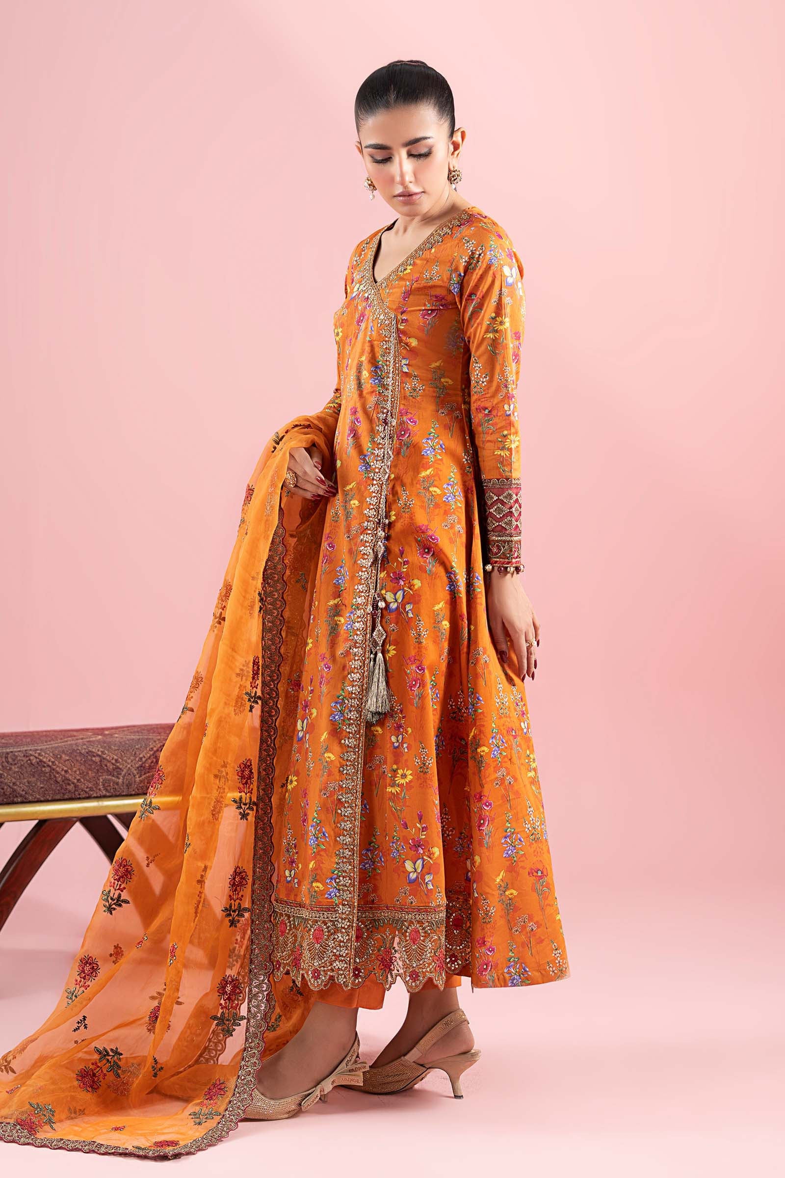 Pakistani Rust Embroidered Lawn Angrakha Dress (3-Piece) - Image 6