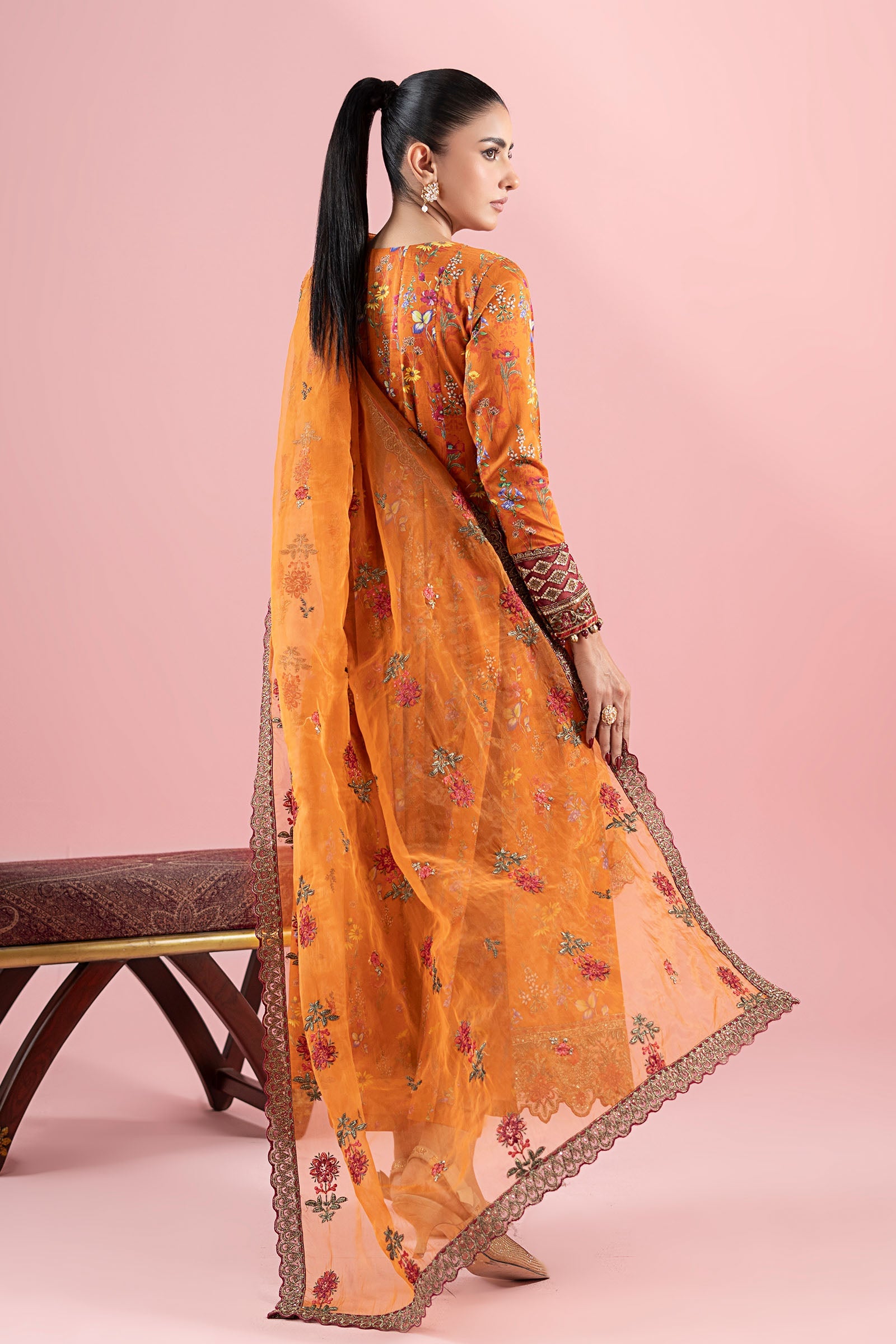 Pakistani Rust Embroidered Lawn Angrakha Dress (3-Piece) - Image 7