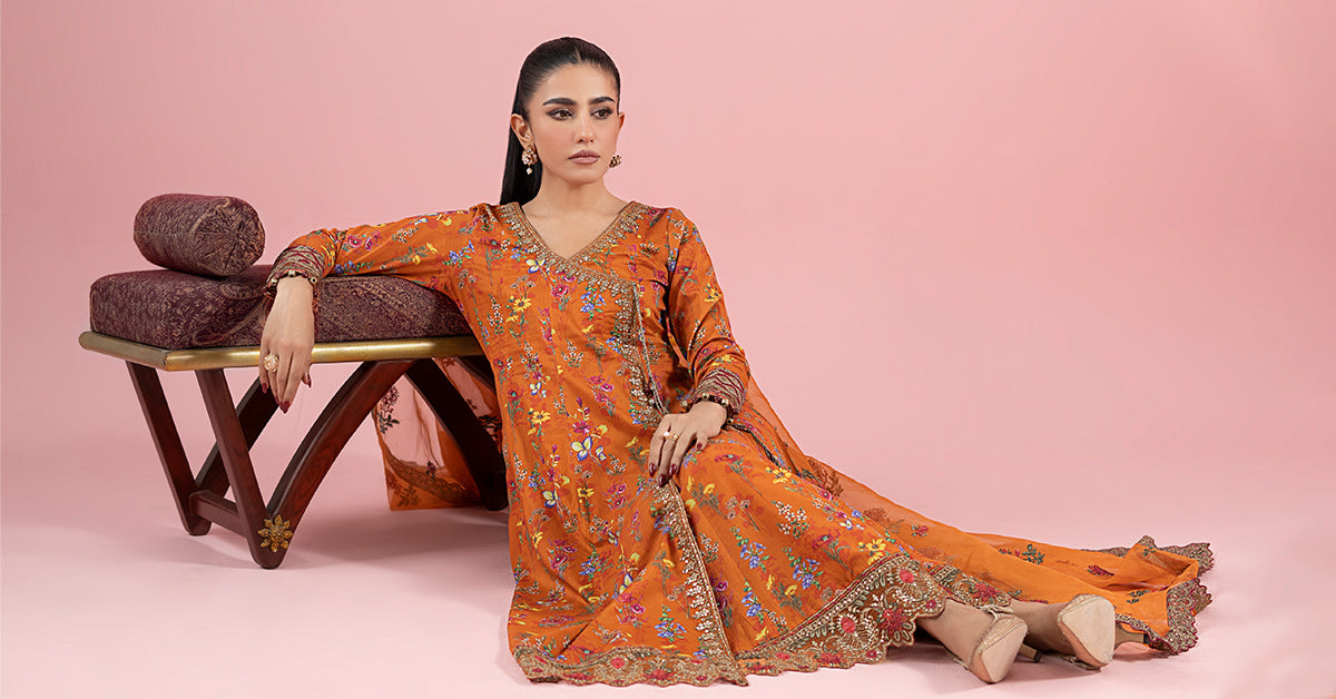 Pakistani Rust Embroidered Lawn Angrakha Dress (3-Piece) - Image 8