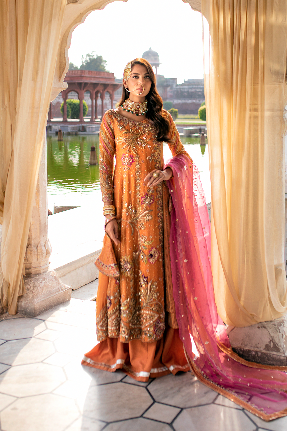 Pakistani Burnt Orange Embroidered Organza Net Angrakha (3-Piece) - Image 1