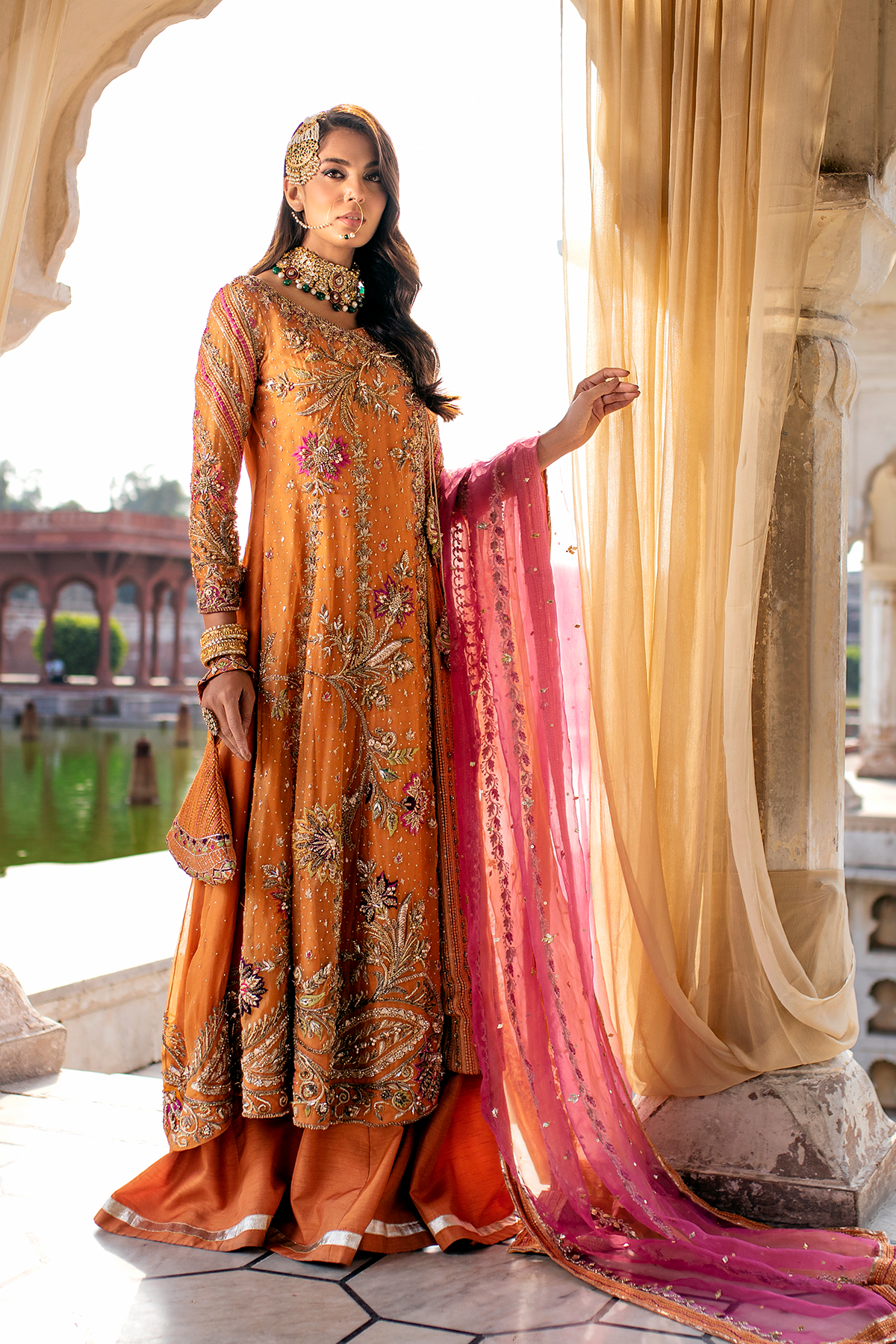 Pakistani Burnt Orange Embroidered Organza Net Angrakha (3-Piece) - Image 4