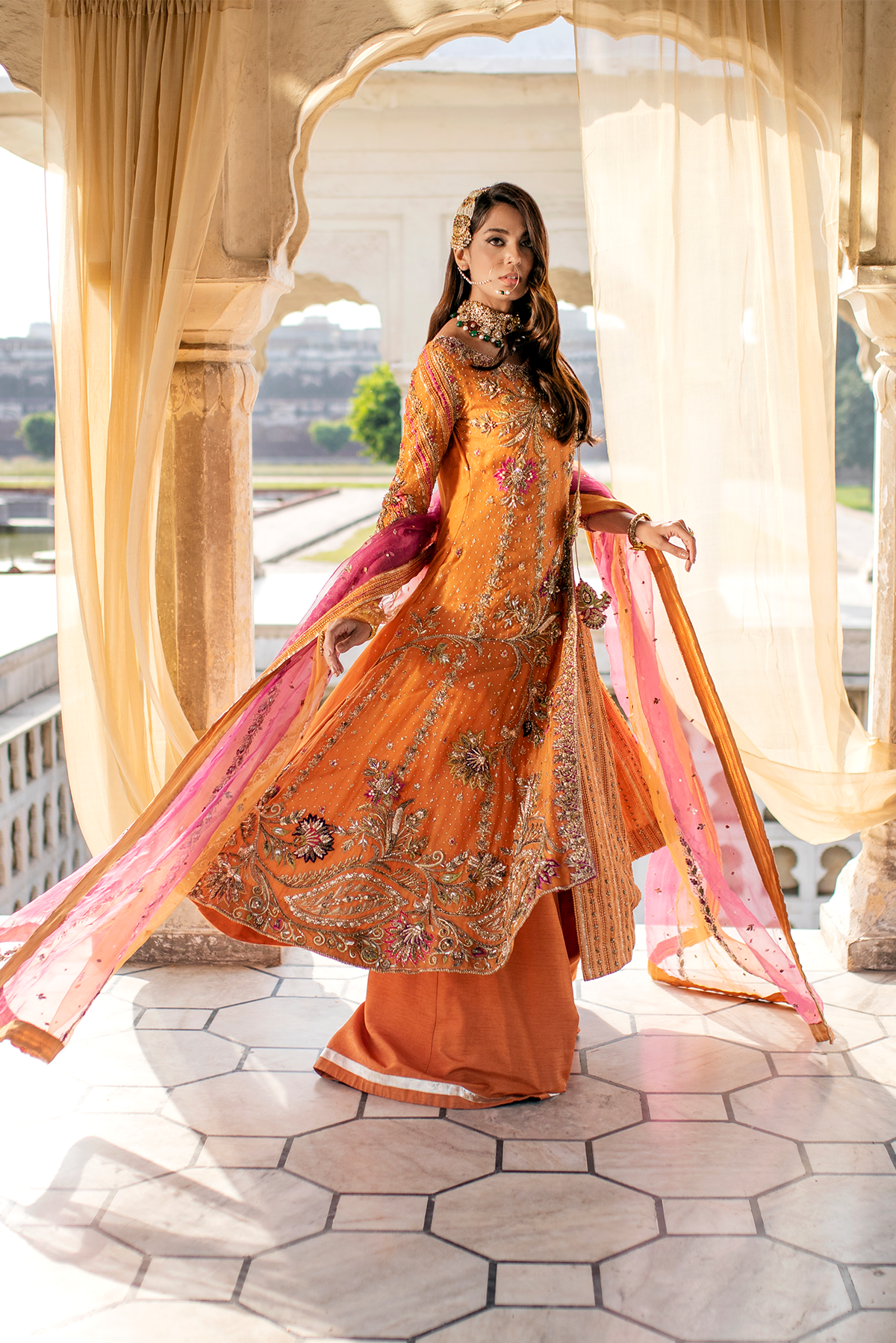 Pakistani Burnt Orange Embroidered Organza Net Angrakha (3-Piece) - Image 5