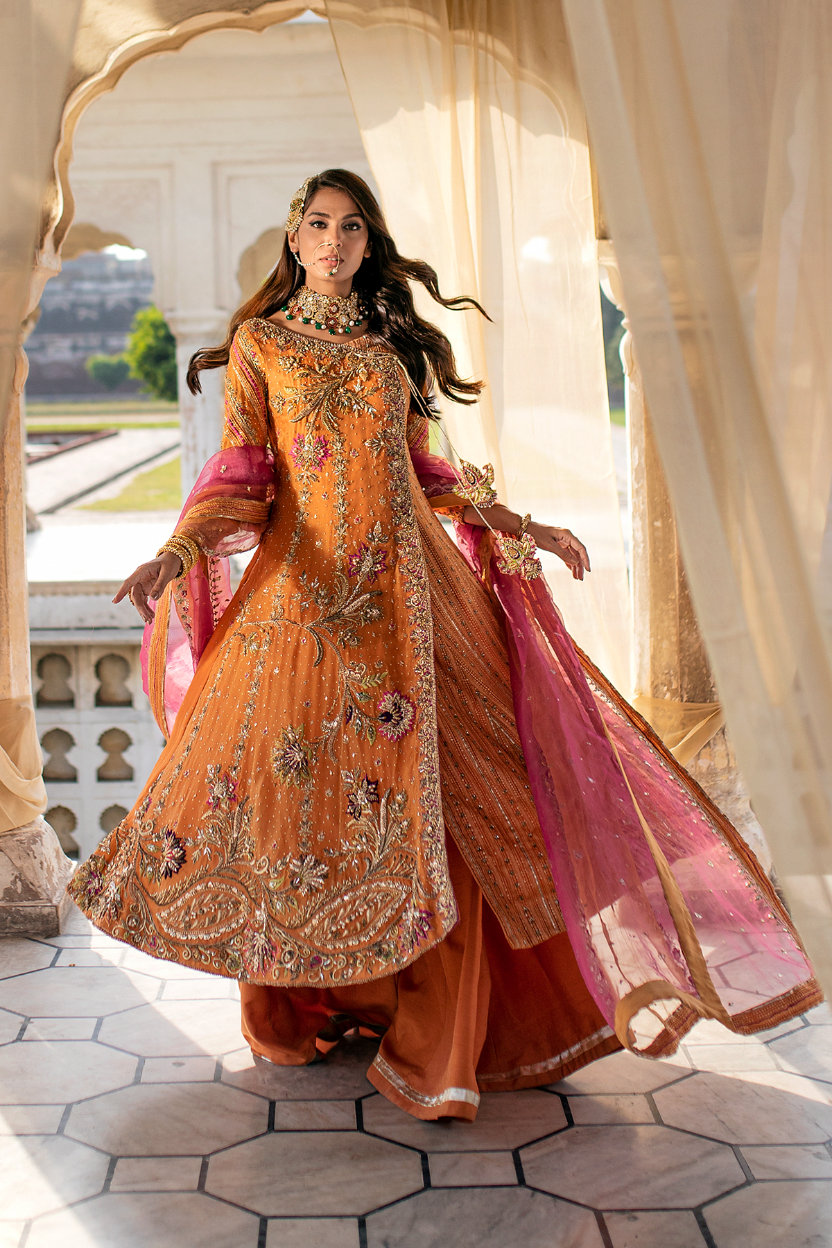 Pakistani Burnt Orange Embroidered Organza Net Angrakha (3-Piece) - Image 6