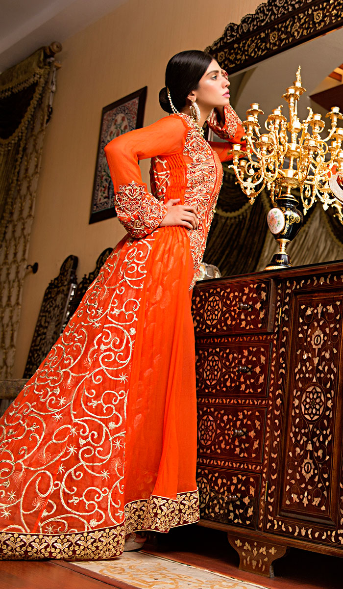 Orange Embroidered Chiffon Anarkali Dress (1-Pc) - Image 1