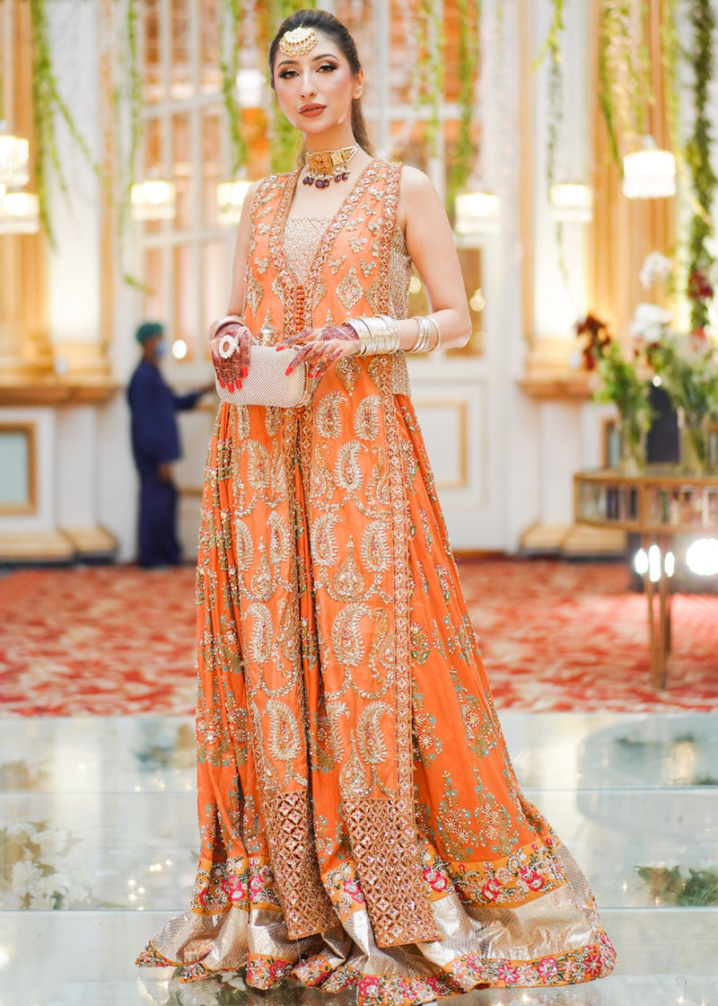 Orange Gold Embroidered Rawsilk Anarkali Dress (2-Piece) - Image 1
