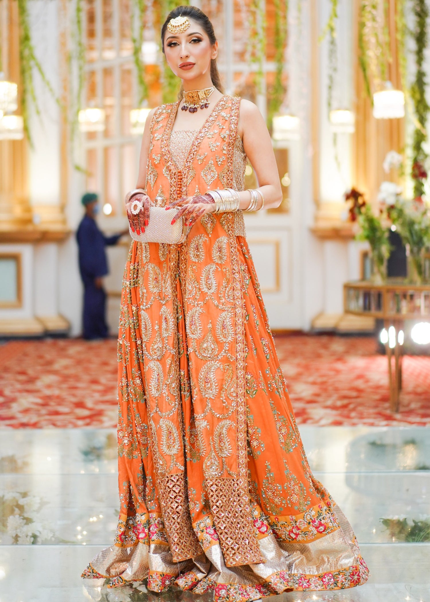Orange Gold Embroidered Rawsilk Anarkali Dress (2-Piece) - Image 2