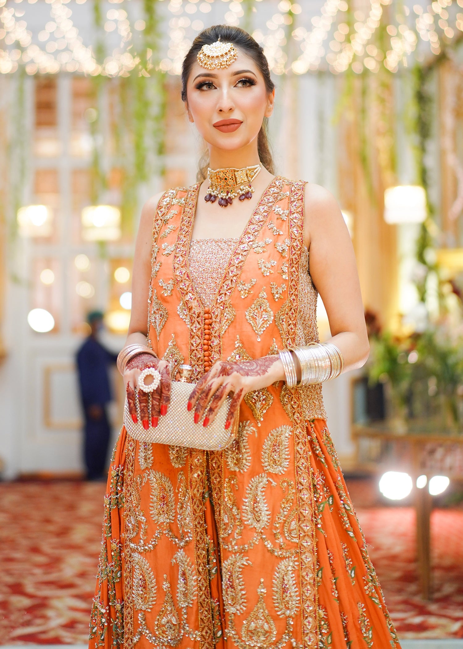 Orange Gold Embroidered Rawsilk Anarkali Dress (2-Piece) - Image 3