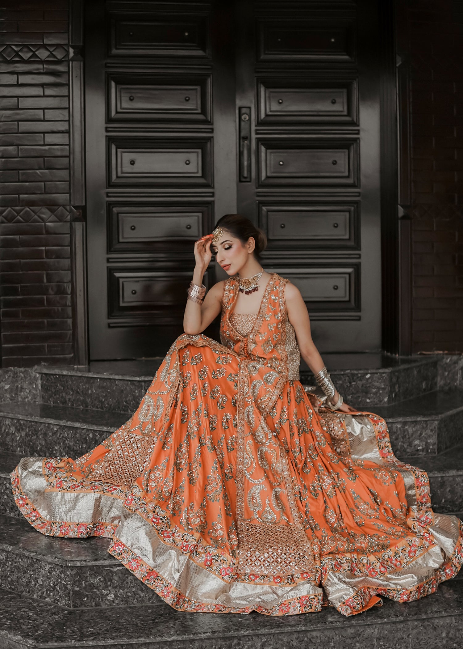 Orange Gold Embroidered Rawsilk Anarkali Dress (2-Piece) - Image 4