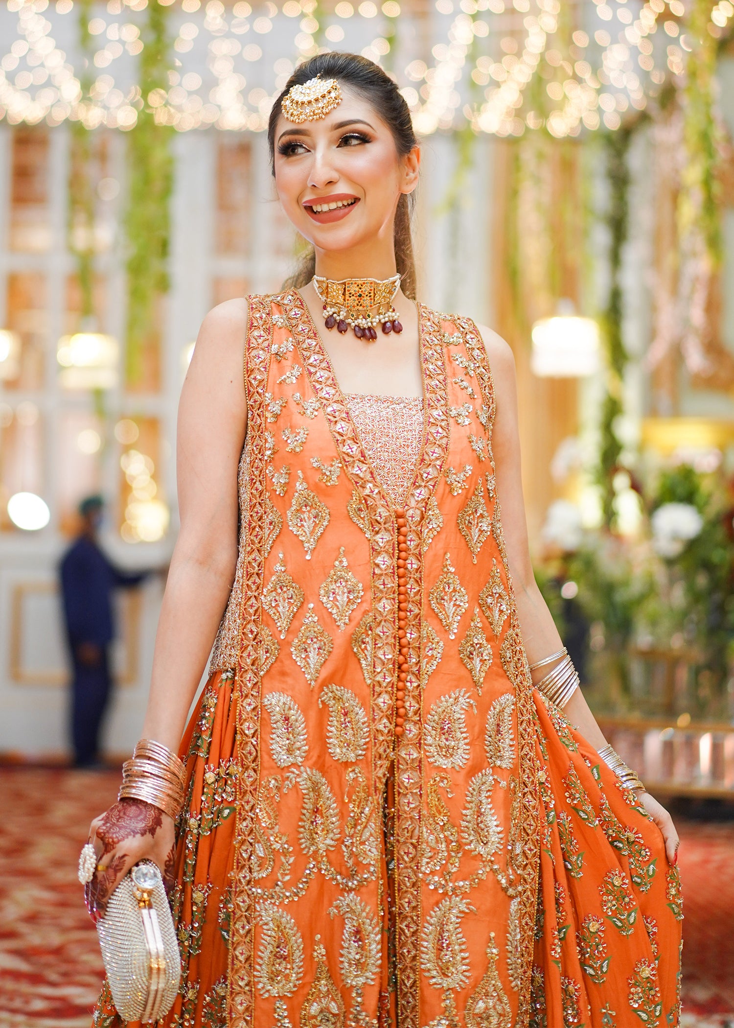 Orange Gold Embroidered Rawsilk Anarkali Dress (2-Piece) - Image 5
