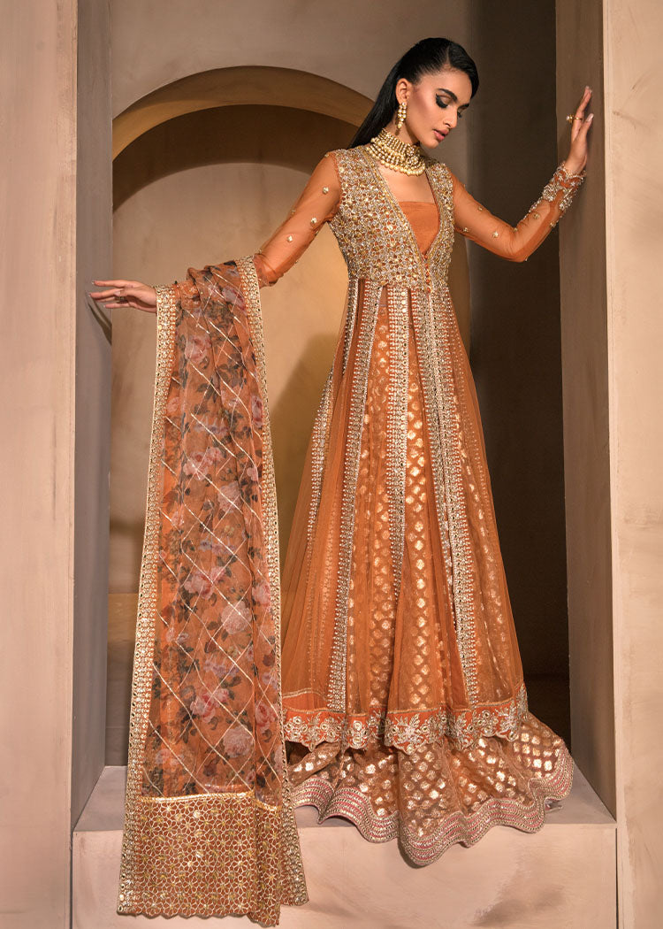 Orange Embellished Net Organza Anarkali Dress (3-Piece) - Image 1