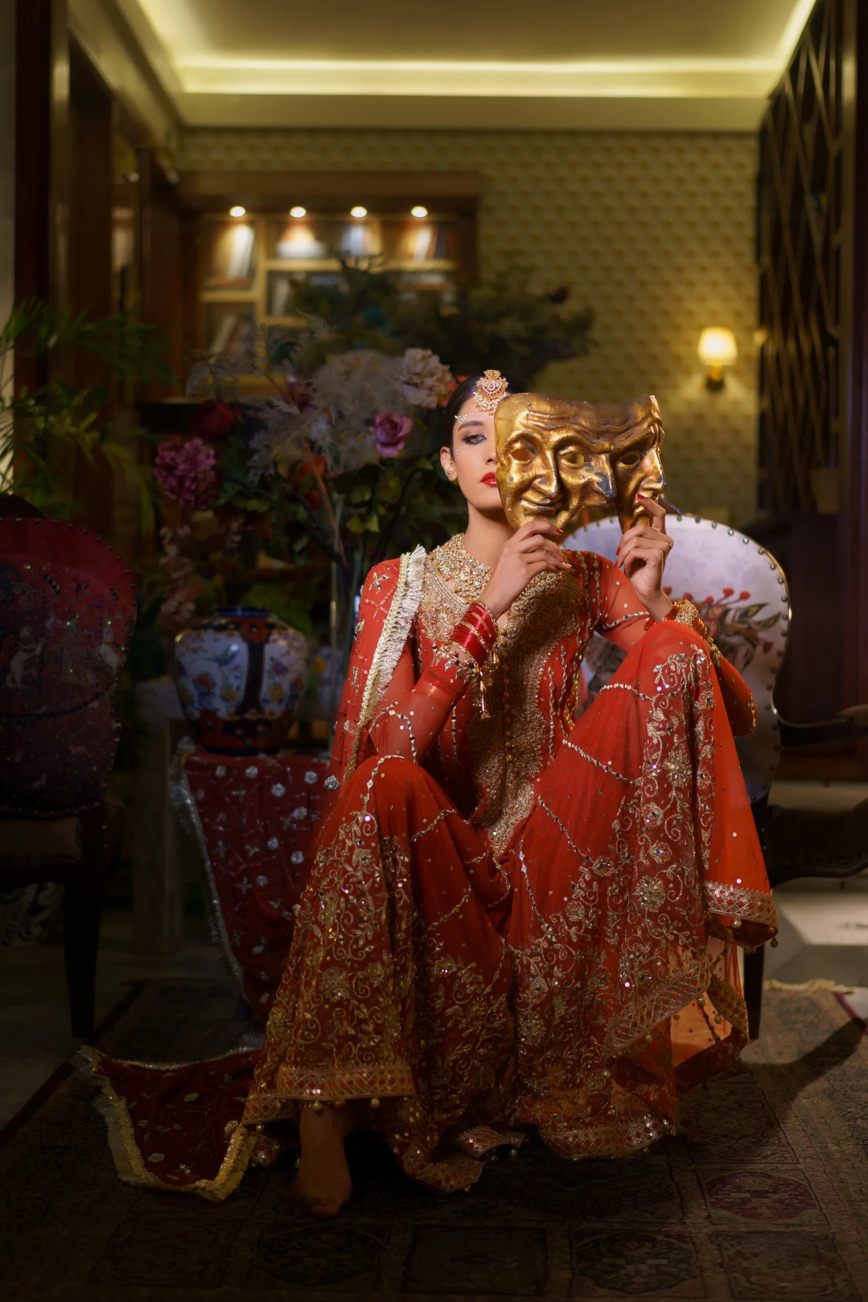 Tangerine Embroidered Net Anarkali Gown (2-Piece) - Image 1