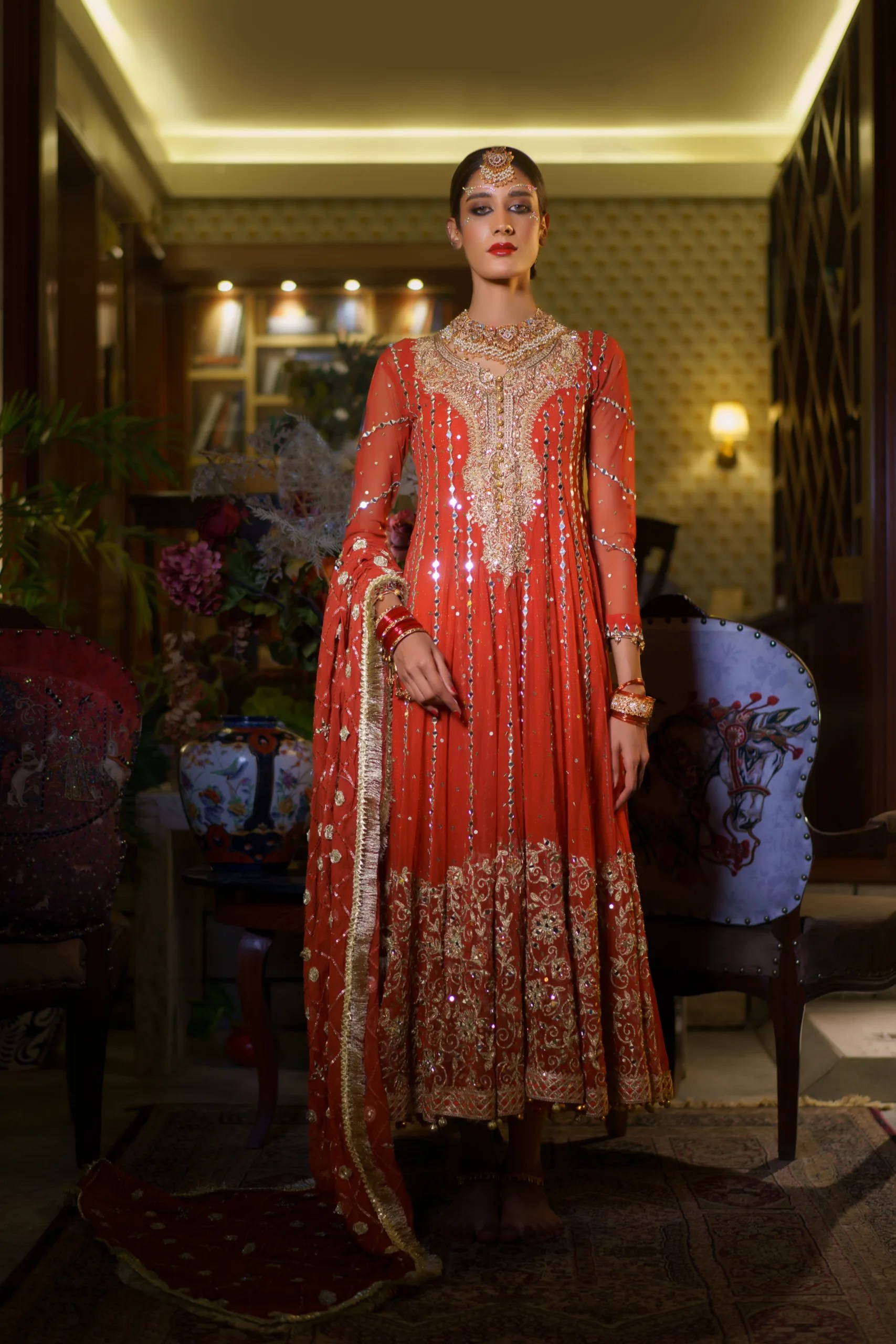 Tangerine Embroidered Net Anarkali Gown (2-Piece) - Image 2