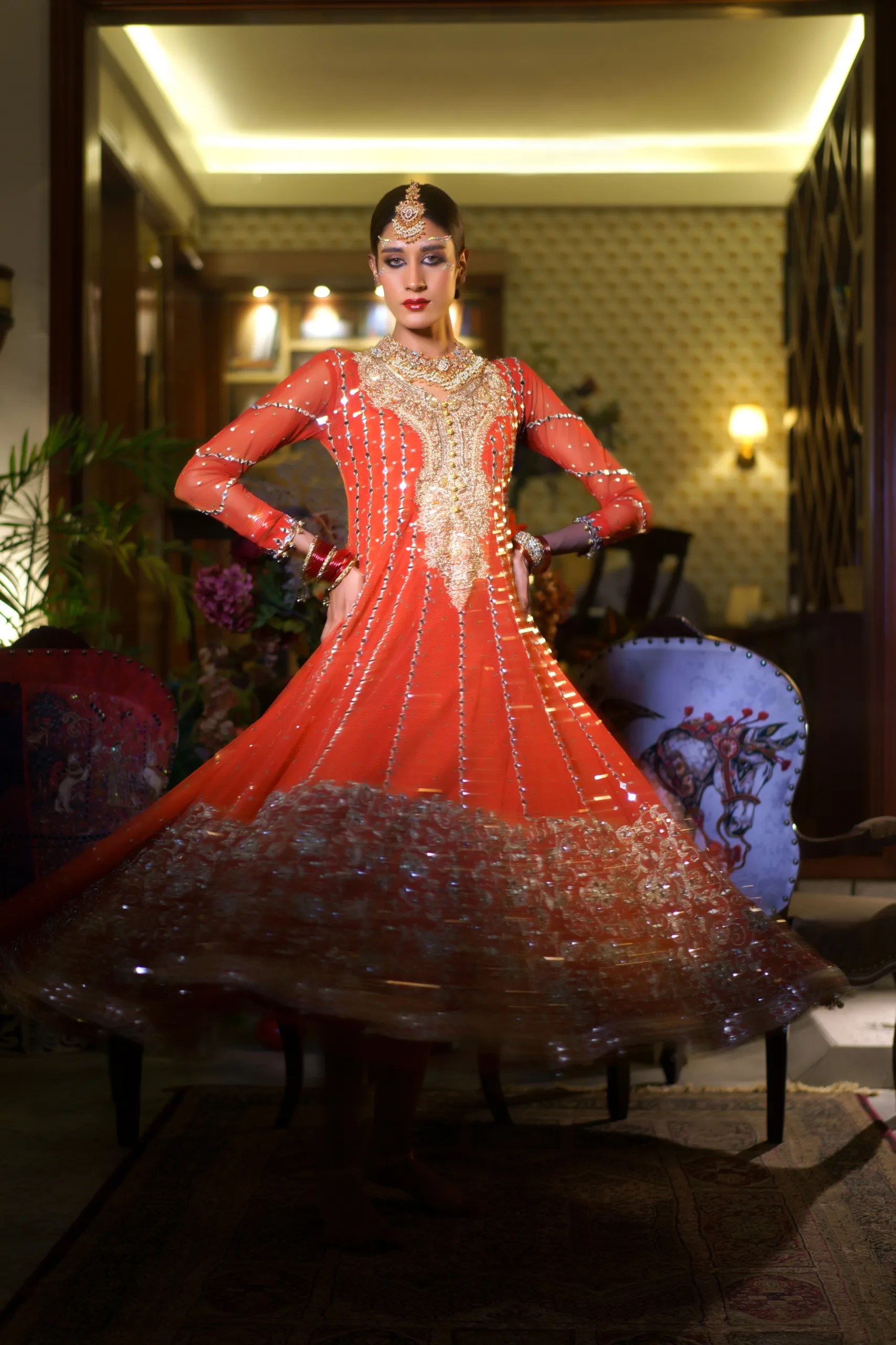 Tangerine Embroidered Net Anarkali Gown (2-Piece) - Image 3